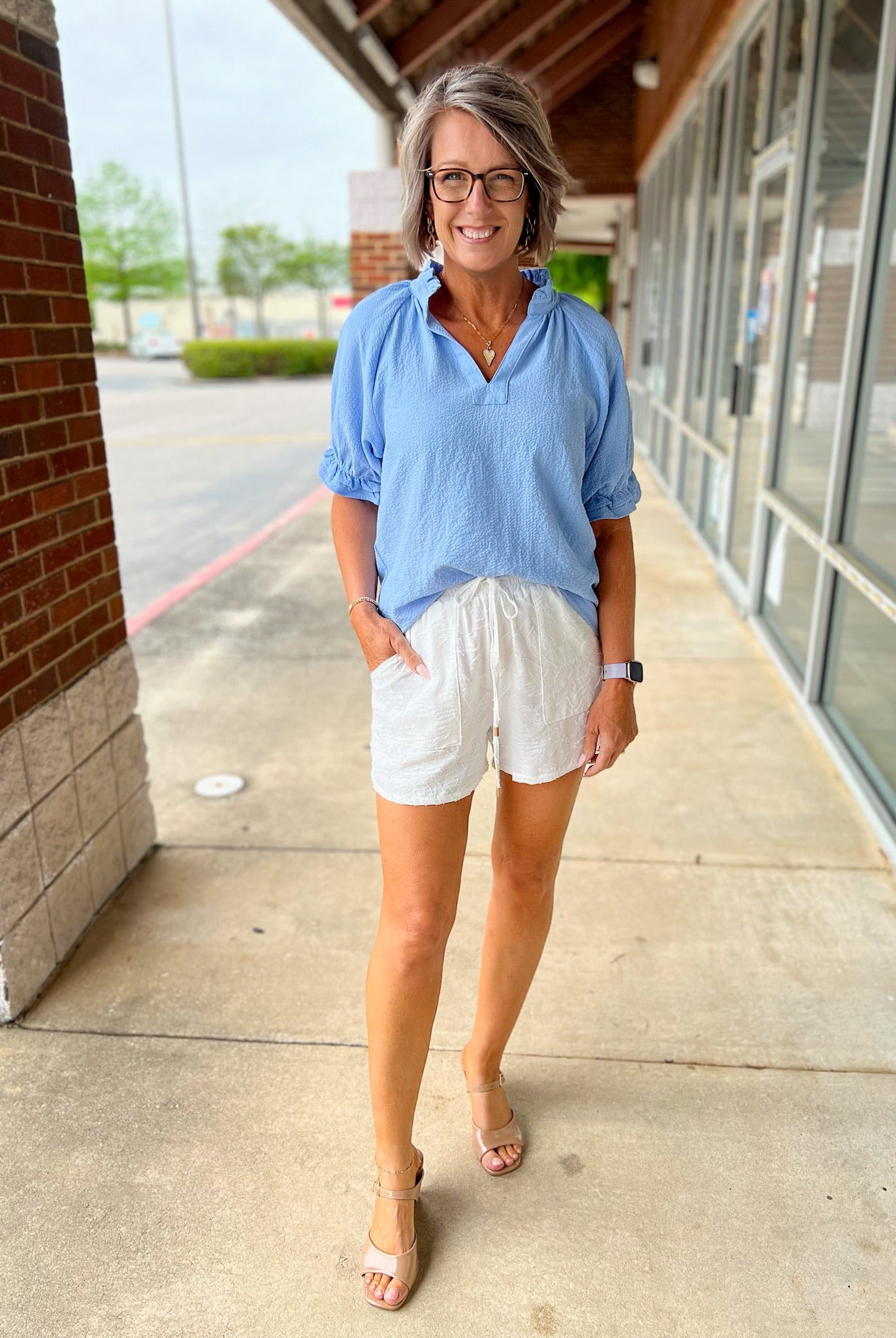 Misty Blue Seersucker V - Neck Top with Ruffled Bubble Sleeves - A'Bekah's Boutique