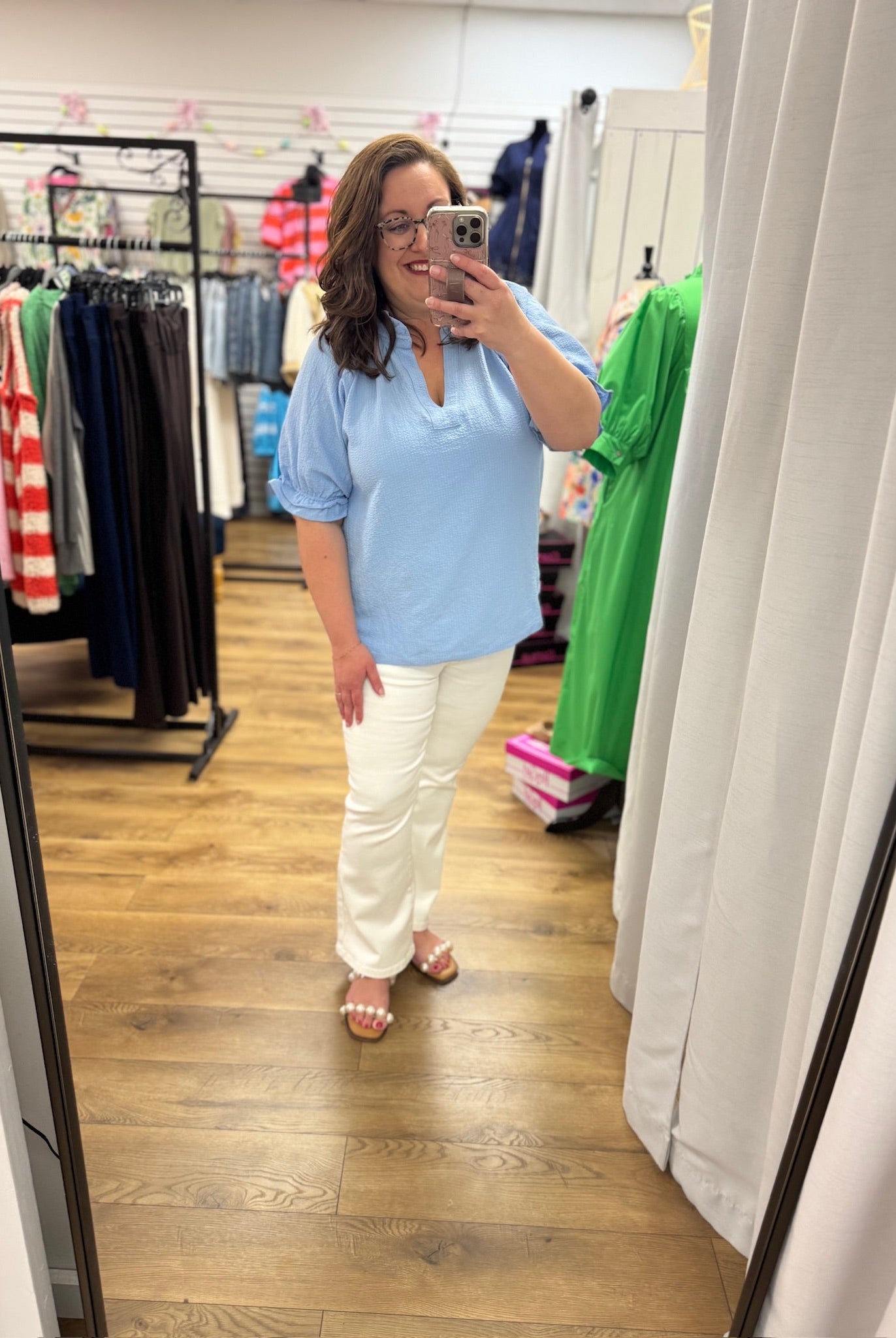 Misty Blue Seersucker V - Neck Top with Ruffled Bubble Sleeves - A'Bekah's Boutique