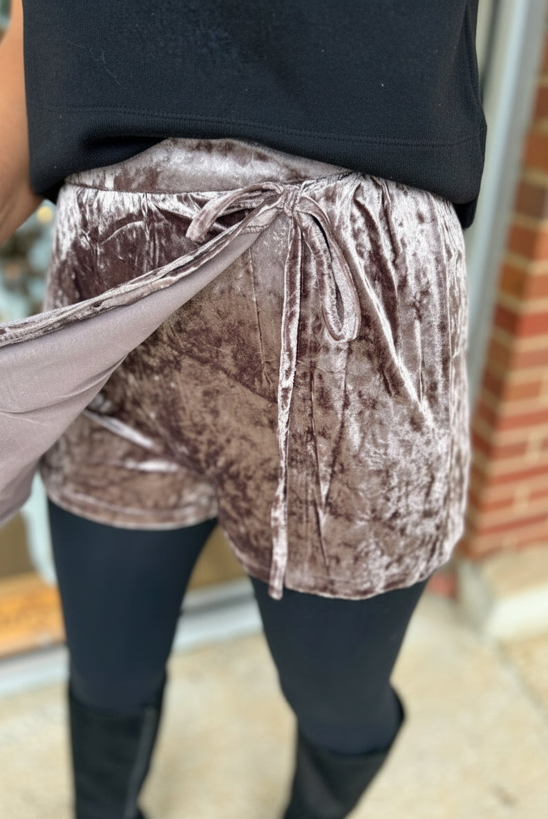 Mocha Crushed Velvet Wrap Skort - A'Bekah's Boutique