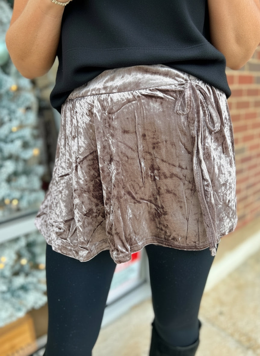 Mocha Crushed Velvet Wrap Skort - A'Bekah's Boutique