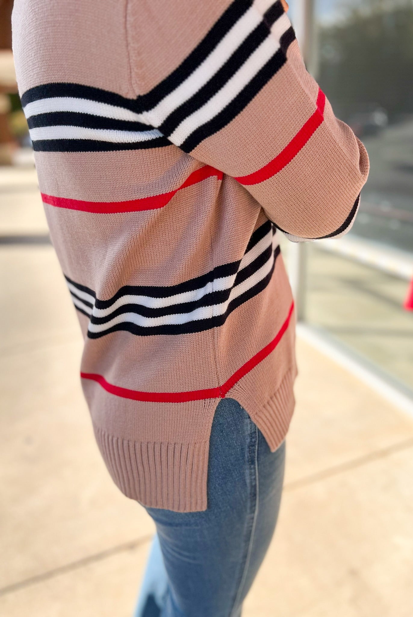 Mocha Striped Long Sleeve Crewneck Sweater - A'Bekah's Boutique