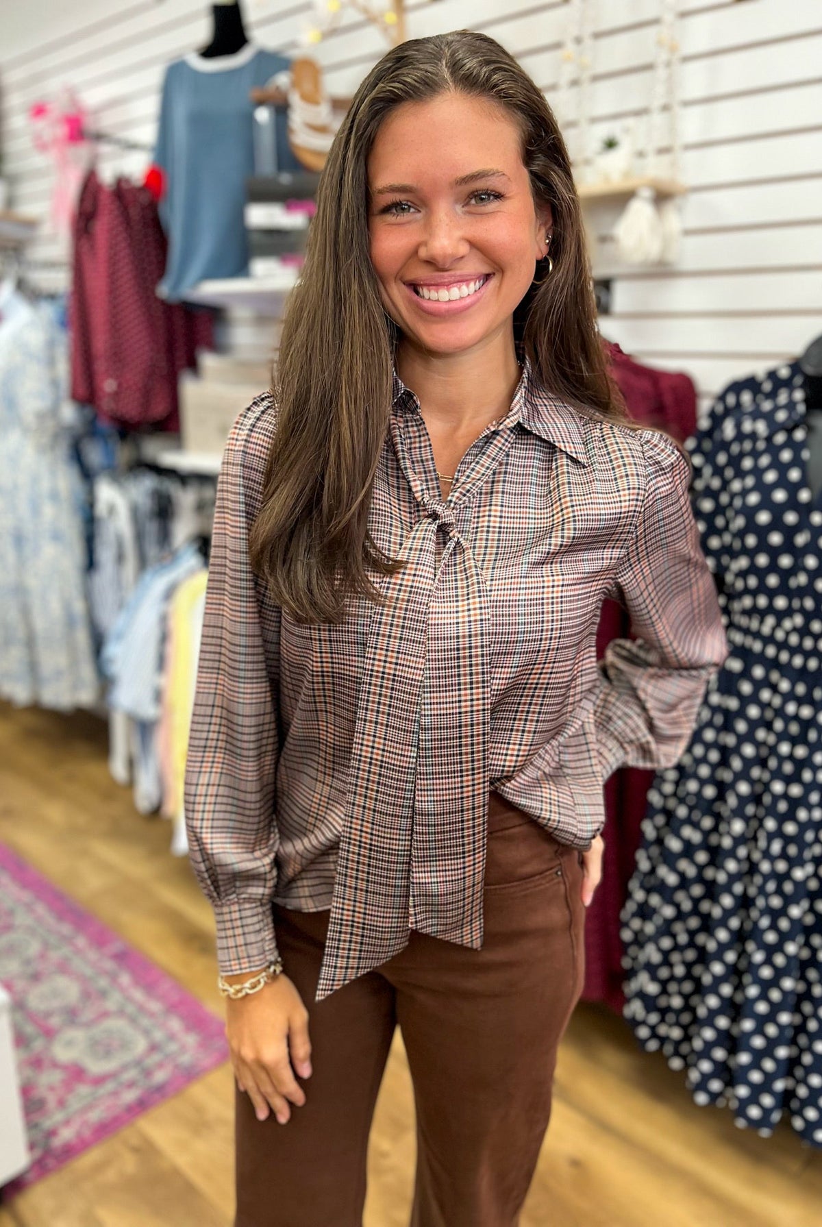 Mulitcolor Plaid Button Up Top with Self-Tie Neckline - A'Bekah's Boutique