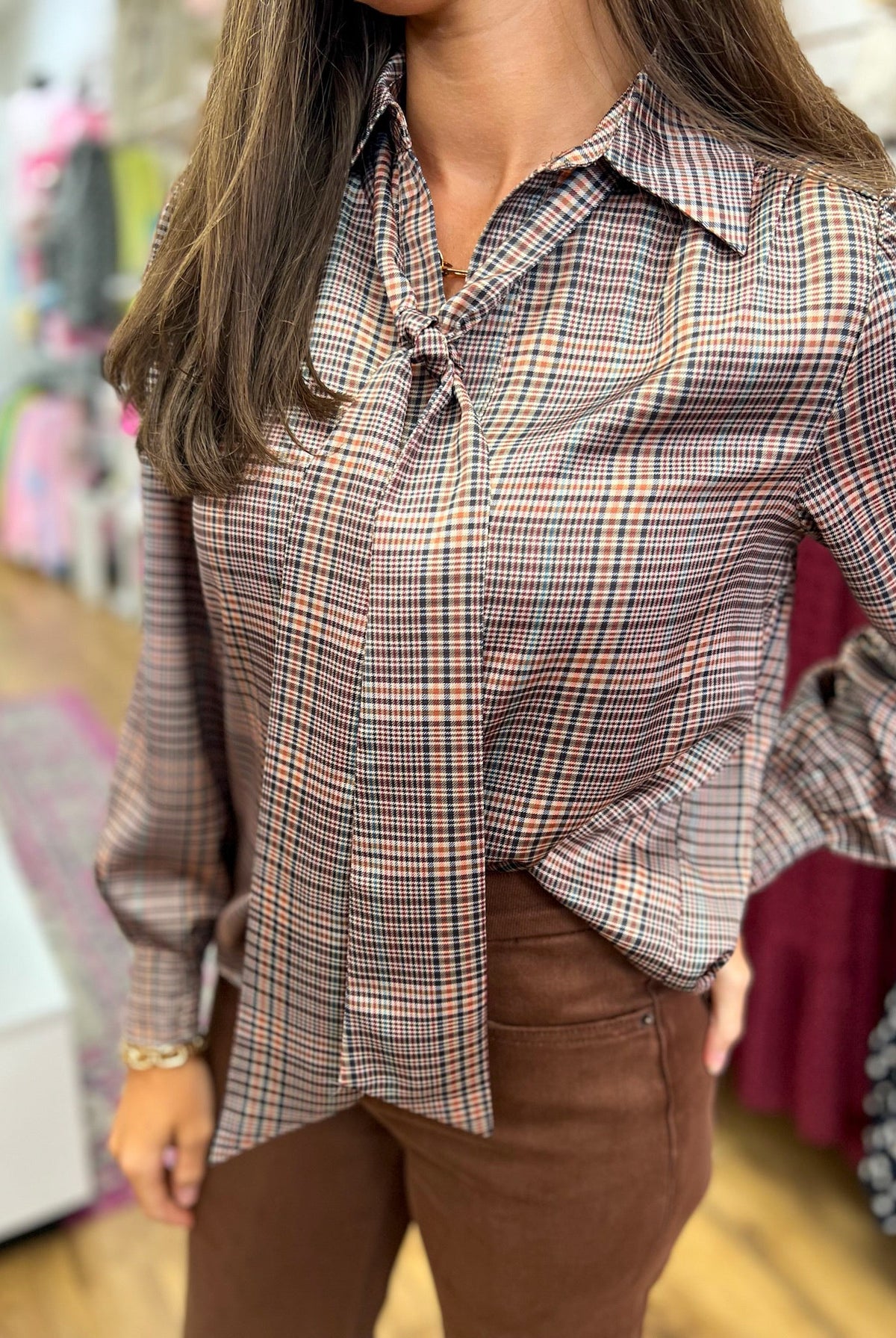 Mulitcolor Plaid Button Up Top with Self-Tie Neckline - A'Bekah's Boutique
