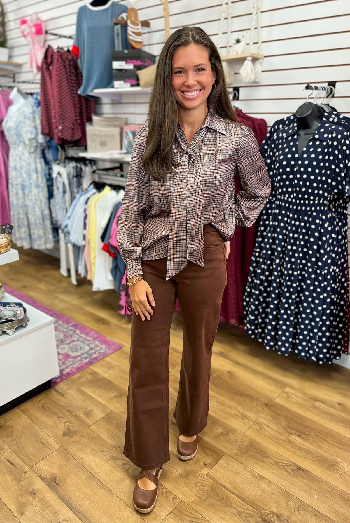 Mulitcolor Plaid Button Up Top with Self-Tie Neckline - A'Bekah's Boutique