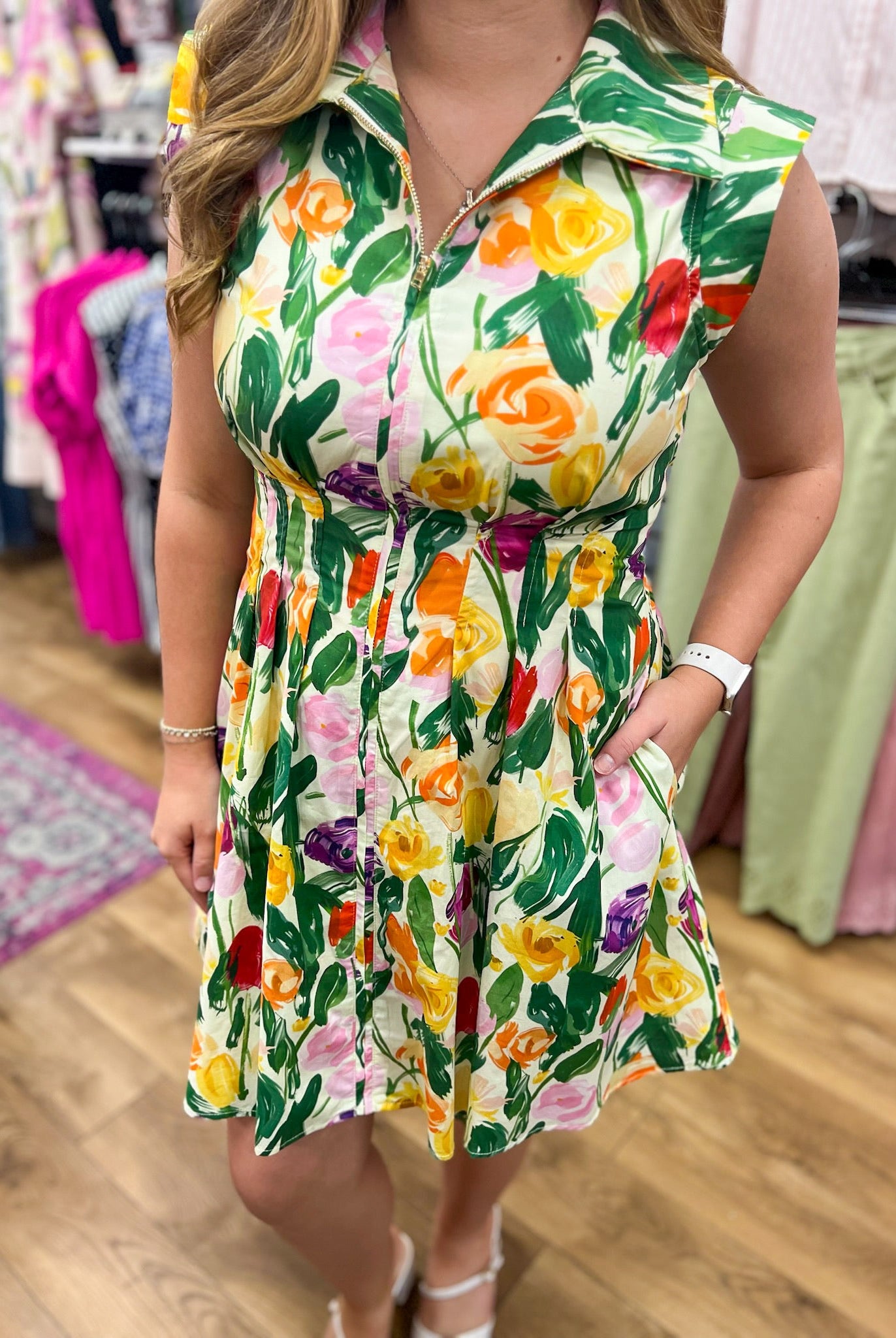 Multicolor Floral Zip Front Dress with Pockets - A'Bekah's Boutique