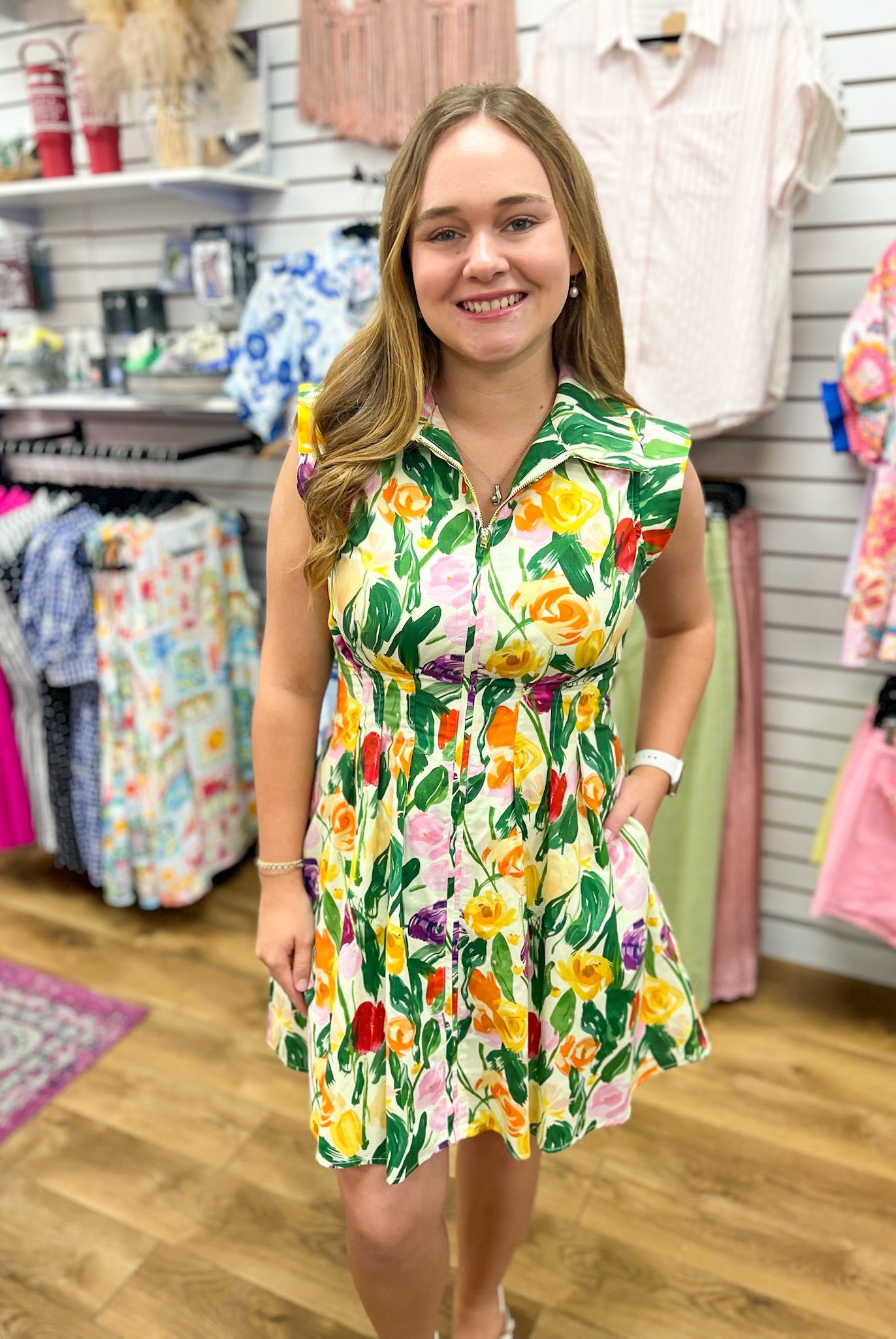 Multicolor Floral Zip Front Dress with Pockets - A'Bekah's Boutique