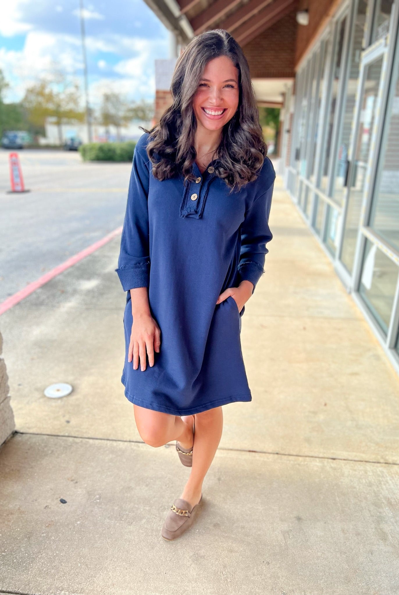 Navy 3/4 Sleeve Knit Collared Dress with Pockets - A'Bekah's Boutique