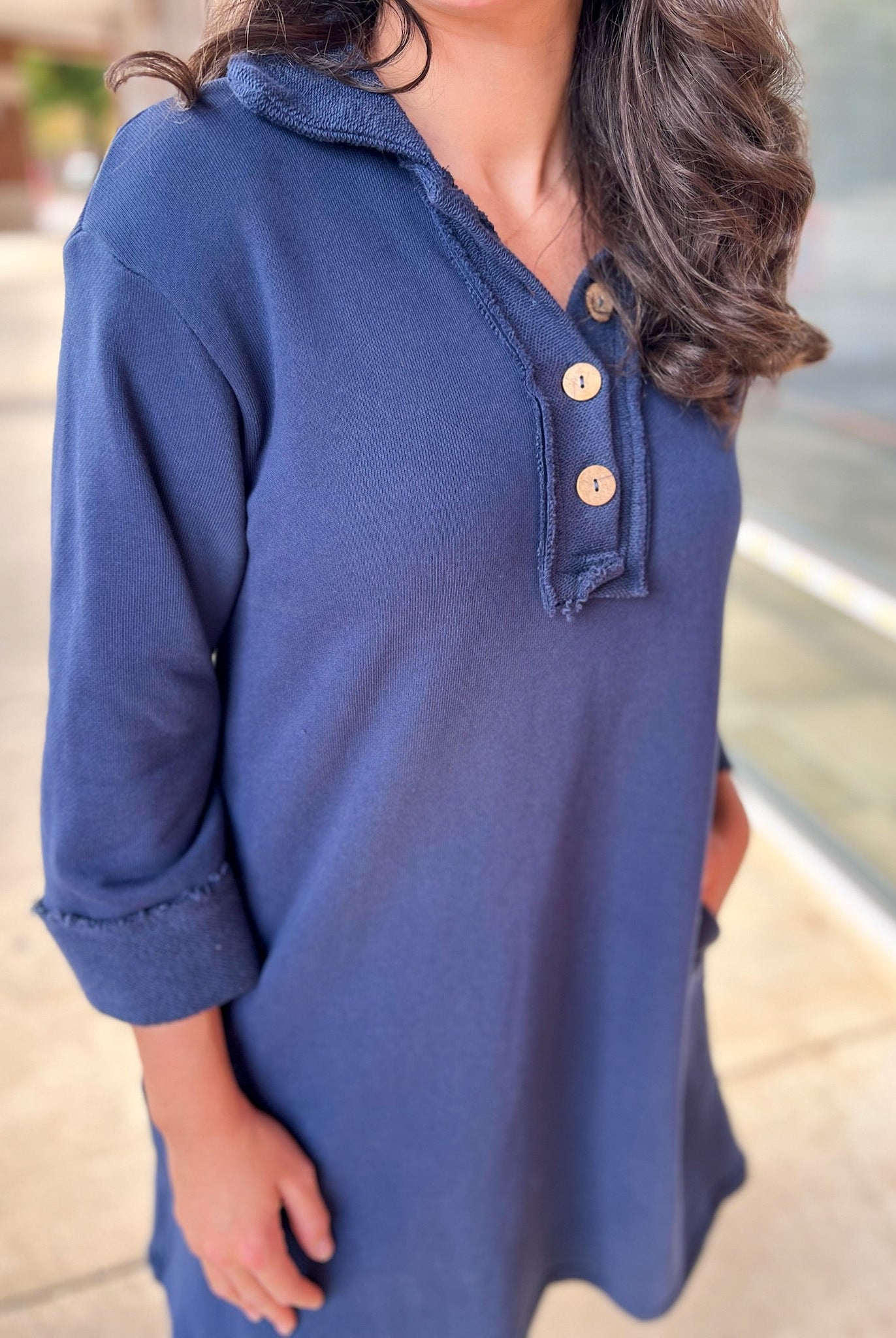 Navy 3/4 Sleeve Knit Collared Dress with Pockets - A'Bekah's Boutique