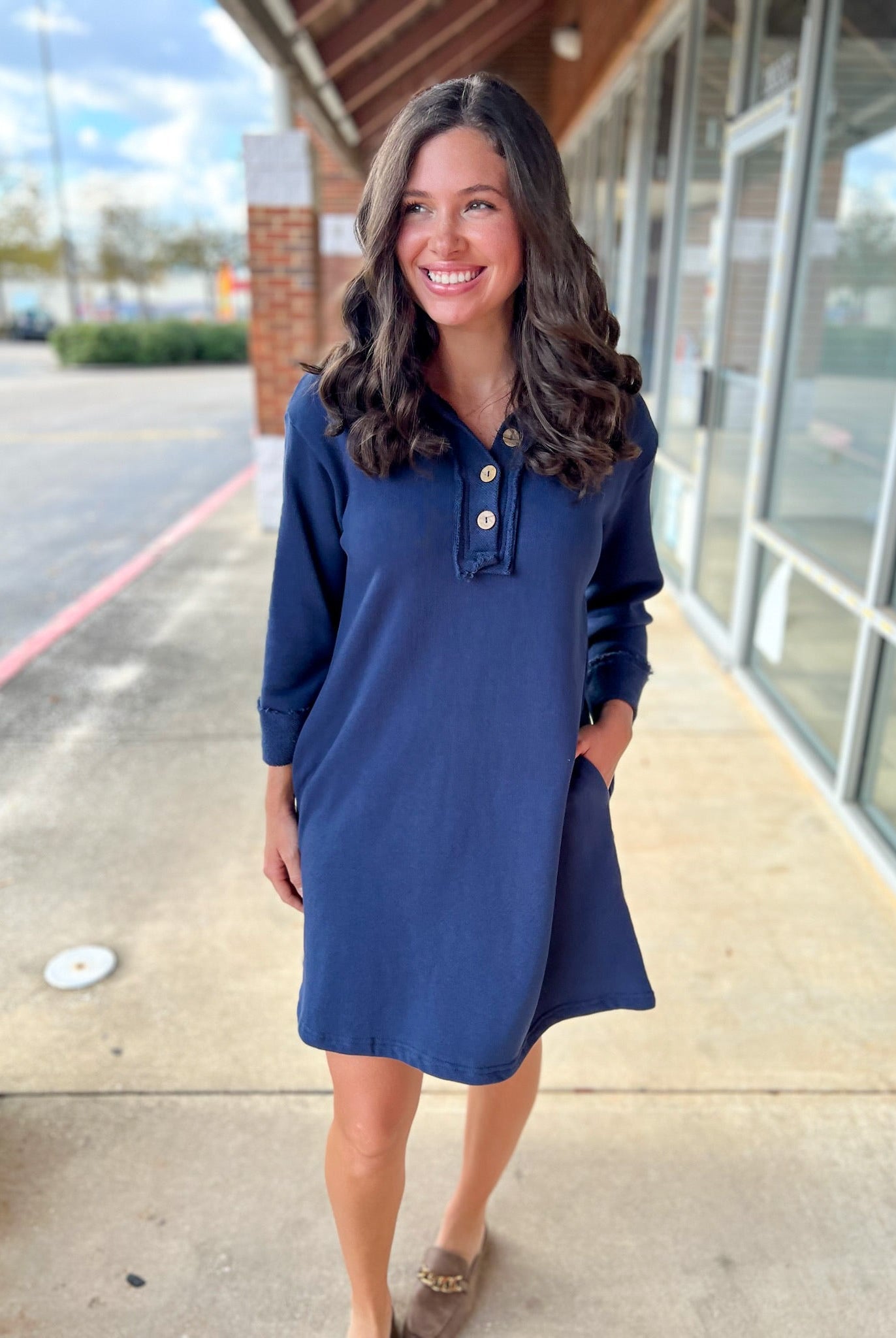 Navy 3/4 Sleeve Knit Collared Dress with Pockets - A'Bekah's Boutique