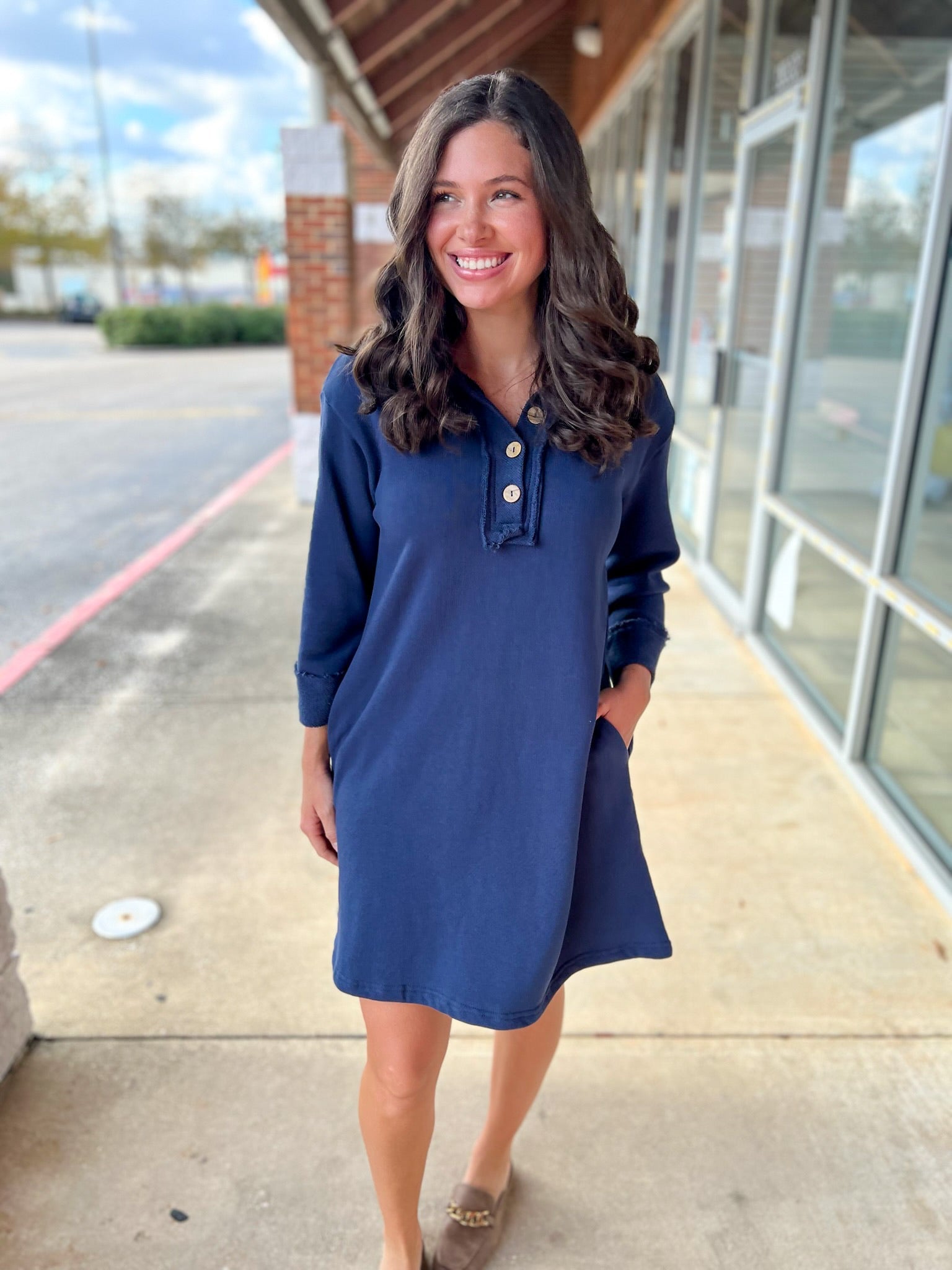 Navy 3/4 Sleeve Knit Collared Dress with Pockets - A'Bekah's Boutique