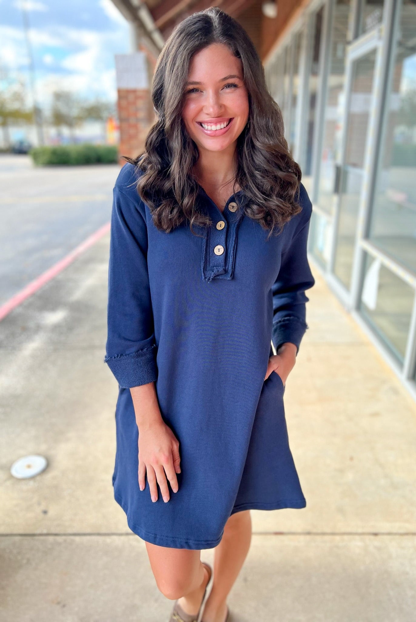 Navy 3/4 Sleeve Knit Collared Dress with Pockets - A'Bekah's Boutique