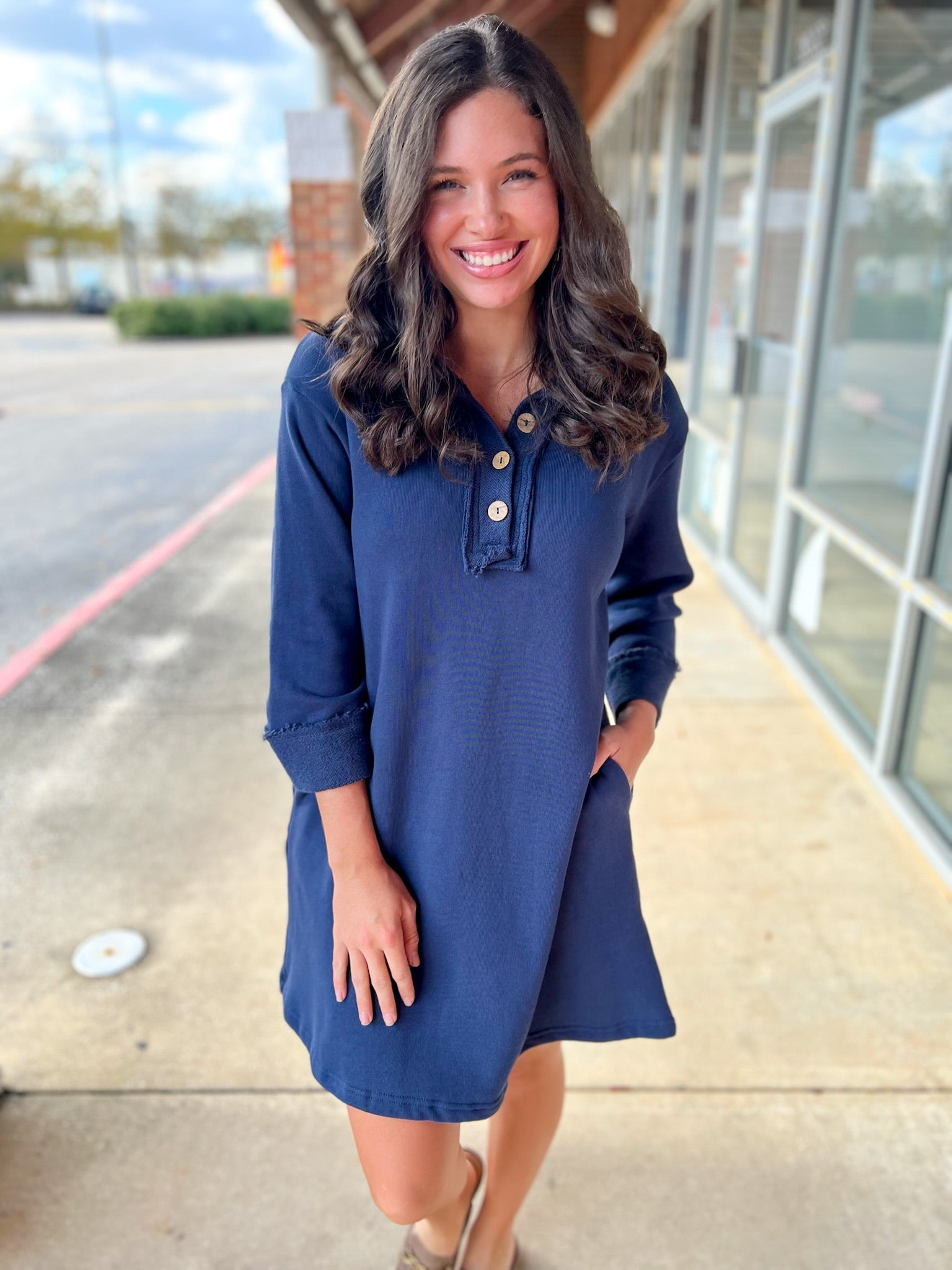 Navy 3/4 Sleeve Knit Collared Dress with Pockets - A'Bekah's Boutique