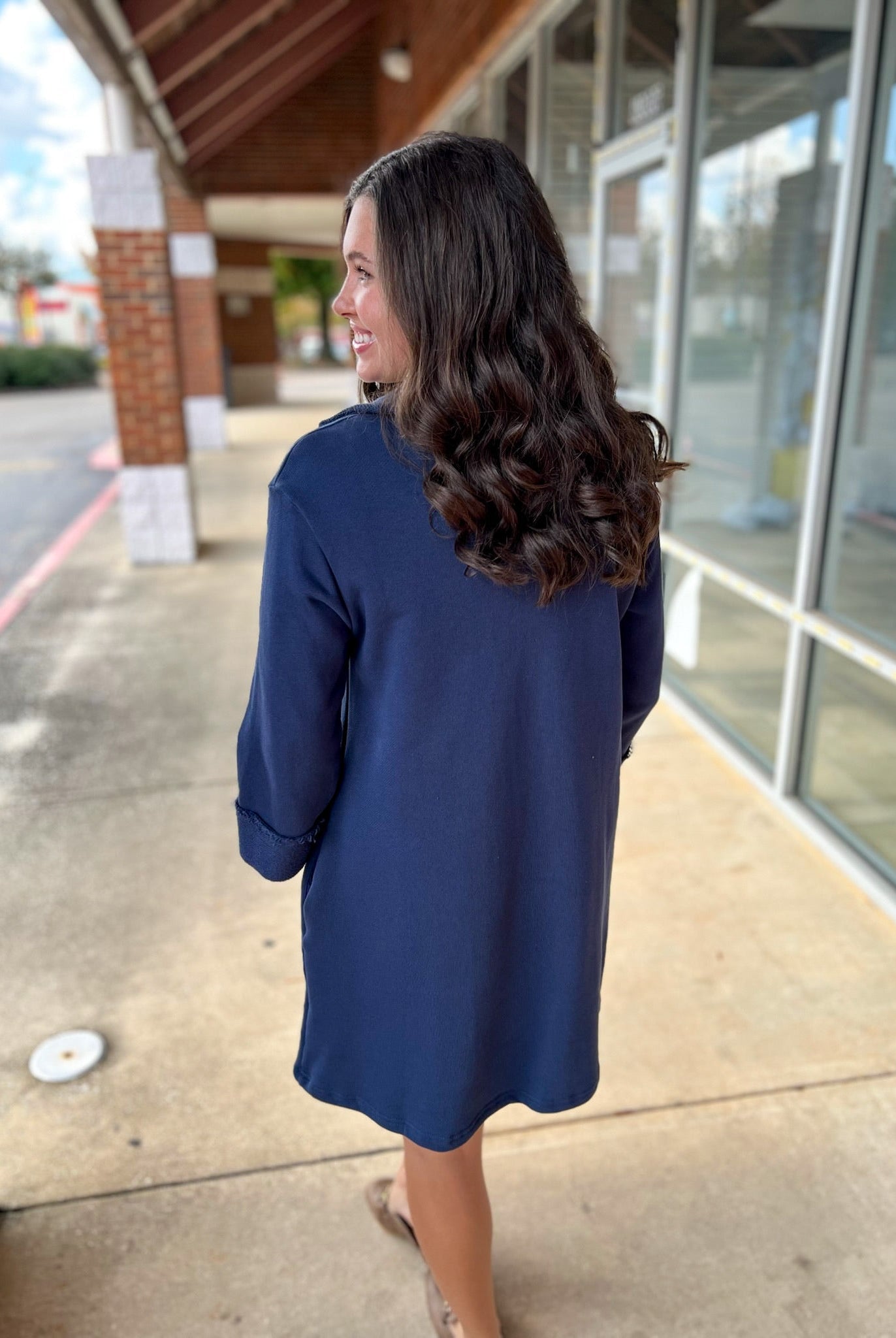 Navy 3/4 Sleeve Knit Collared Dress with Pockets - A'Bekah's Boutique