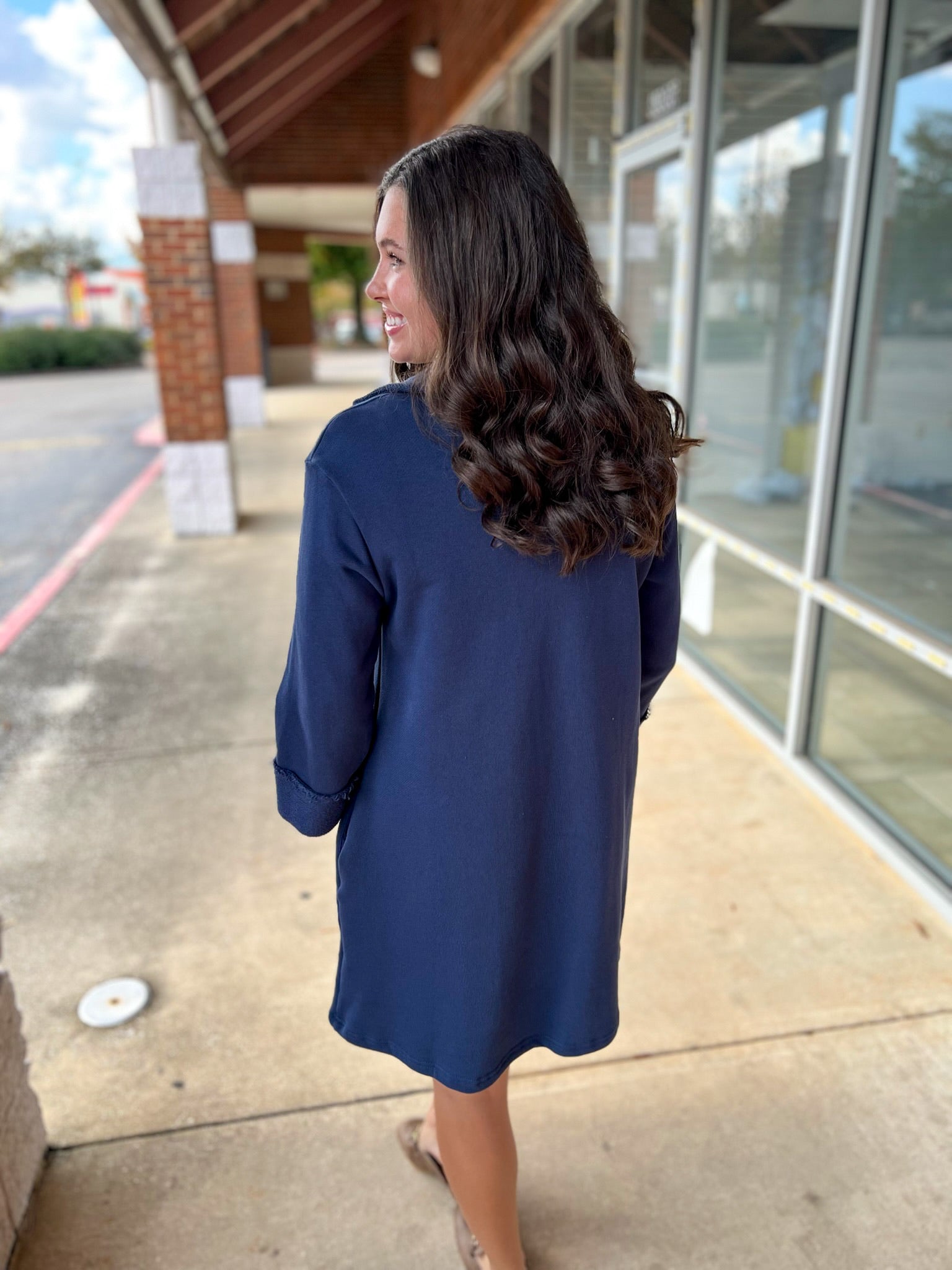 Navy 3/4 Sleeve Knit Collared Dress with Pockets - A'Bekah's Boutique
