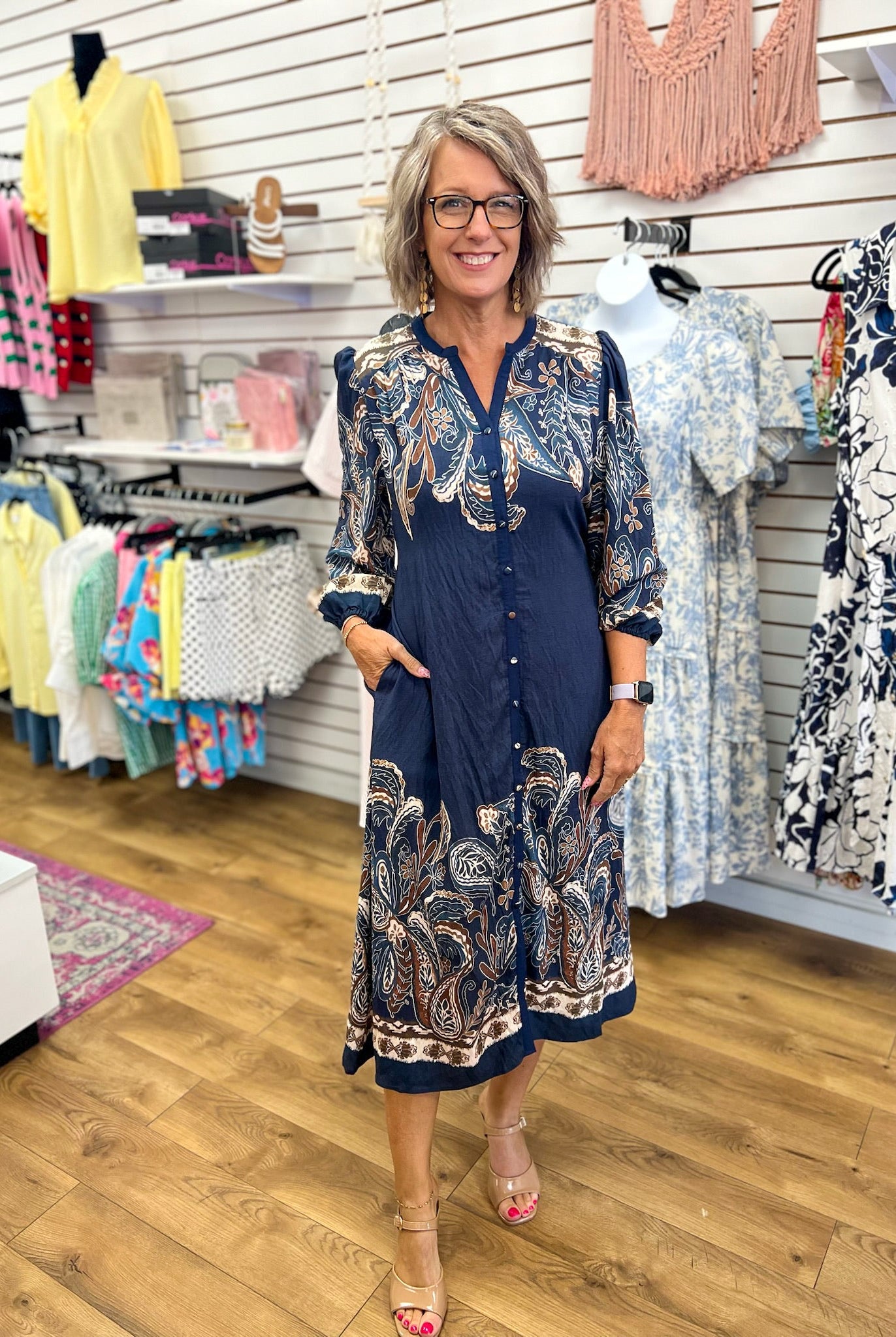 Navy Abstract Print V-Neck Midi Dress with Tie Waist - A'Bekah's Boutique
