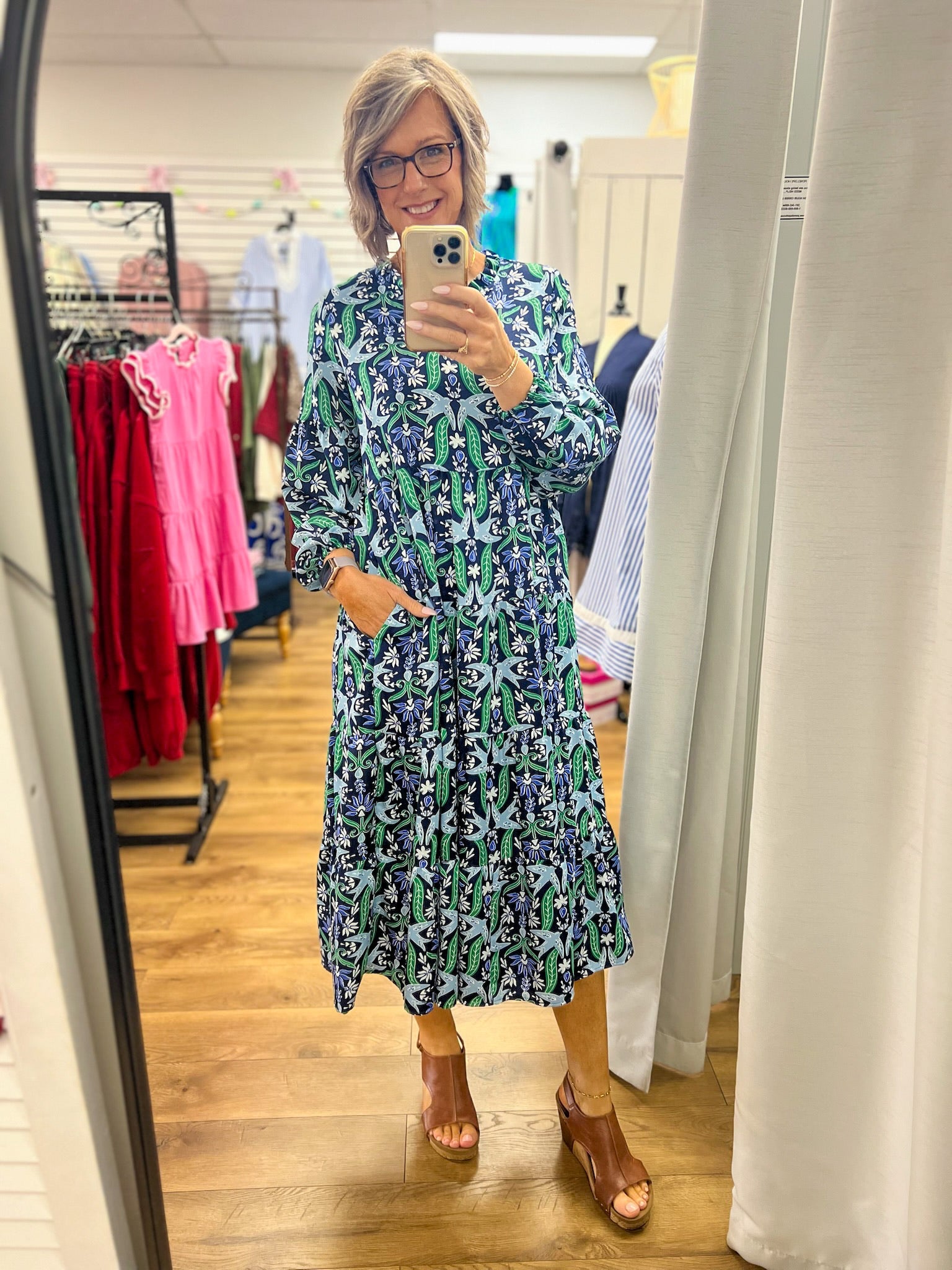 Navy and Green 3/4 Sleeve Tiered Midi Dress - A'Bekah's Boutique