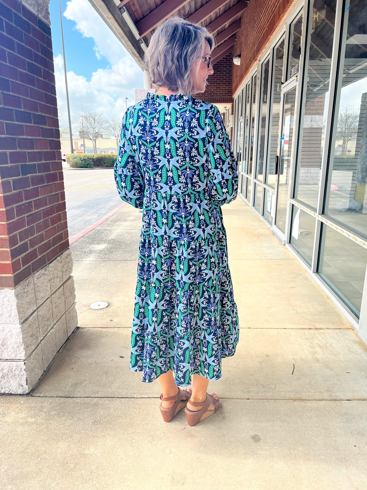 Navy and Green 3/4 Sleeve Tiered Midi Dress - A'Bekah's Boutique