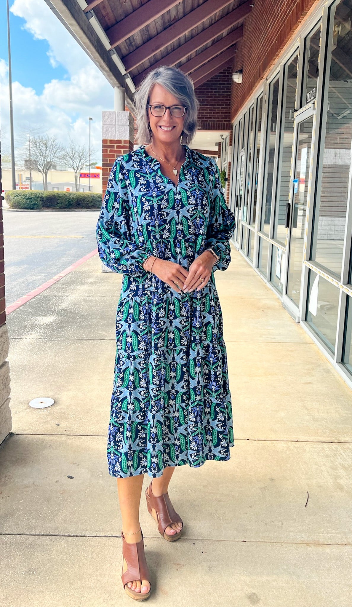 Navy and Green 3/4 Sleeve Tiered Midi Dress - A'Bekah's Boutique