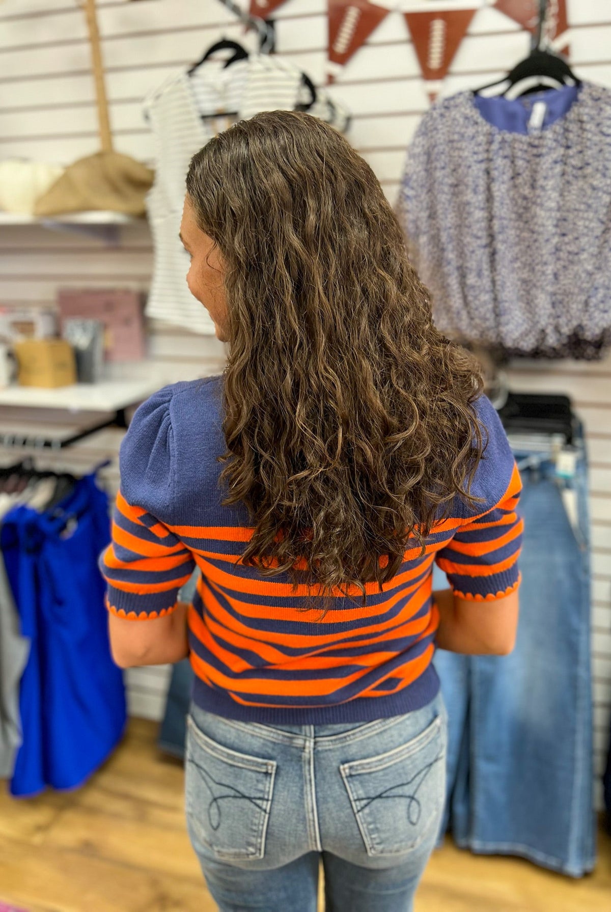 Navy and Orange Striped Sweater with Short Puff Sleeves - A'Bekah's Boutique