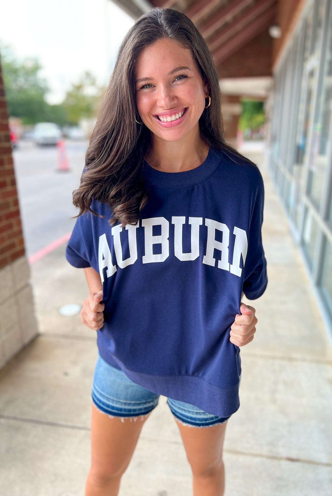 Navy Auburn Short Sleeve Sweatshirt with Relaxed Raglan Sleeves - A'Bekah's Boutique