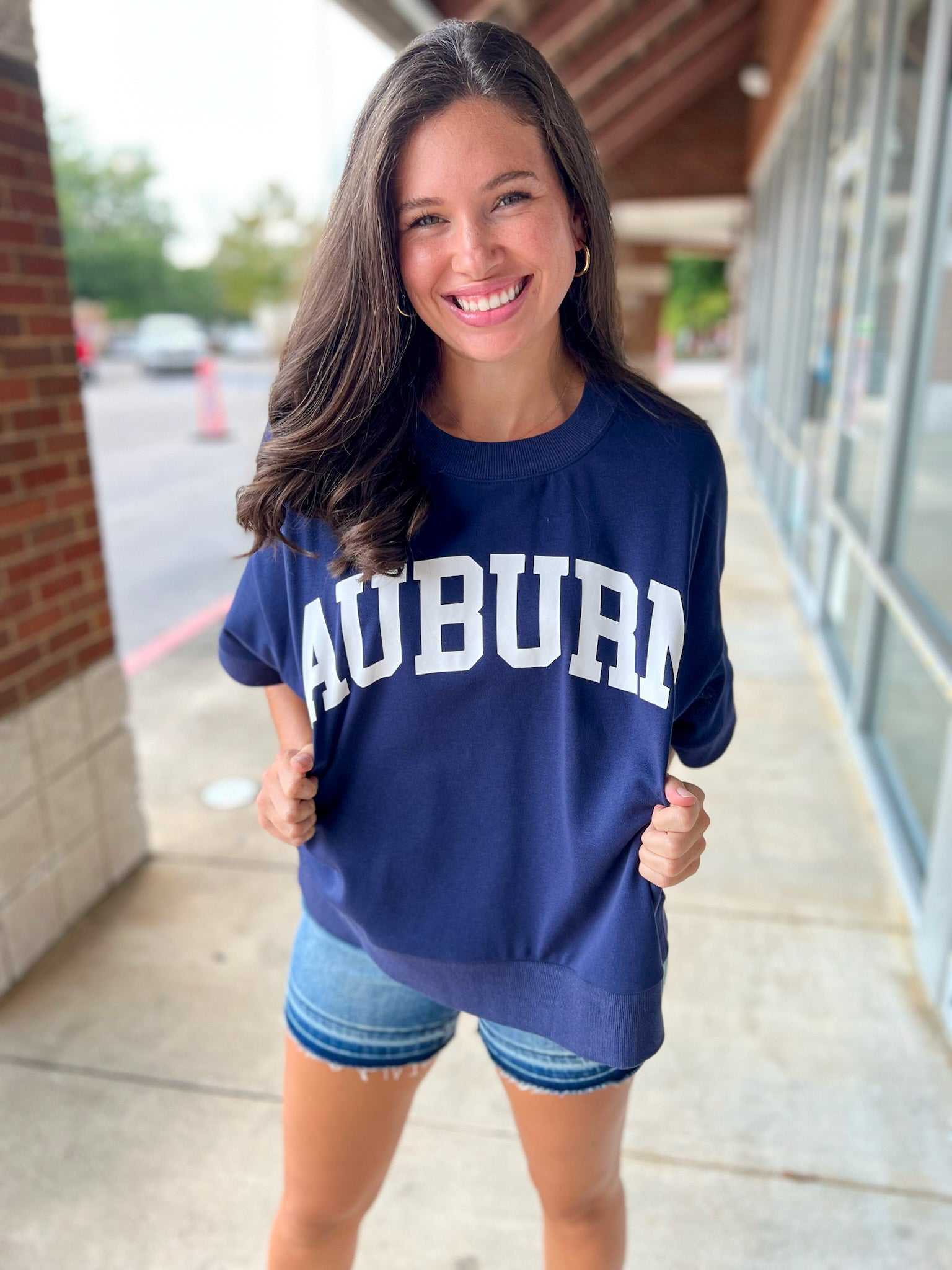 Navy Auburn Short Sleeve Sweatshirt with Relaxed Raglan Sleeves - A'Bekah's Boutique
