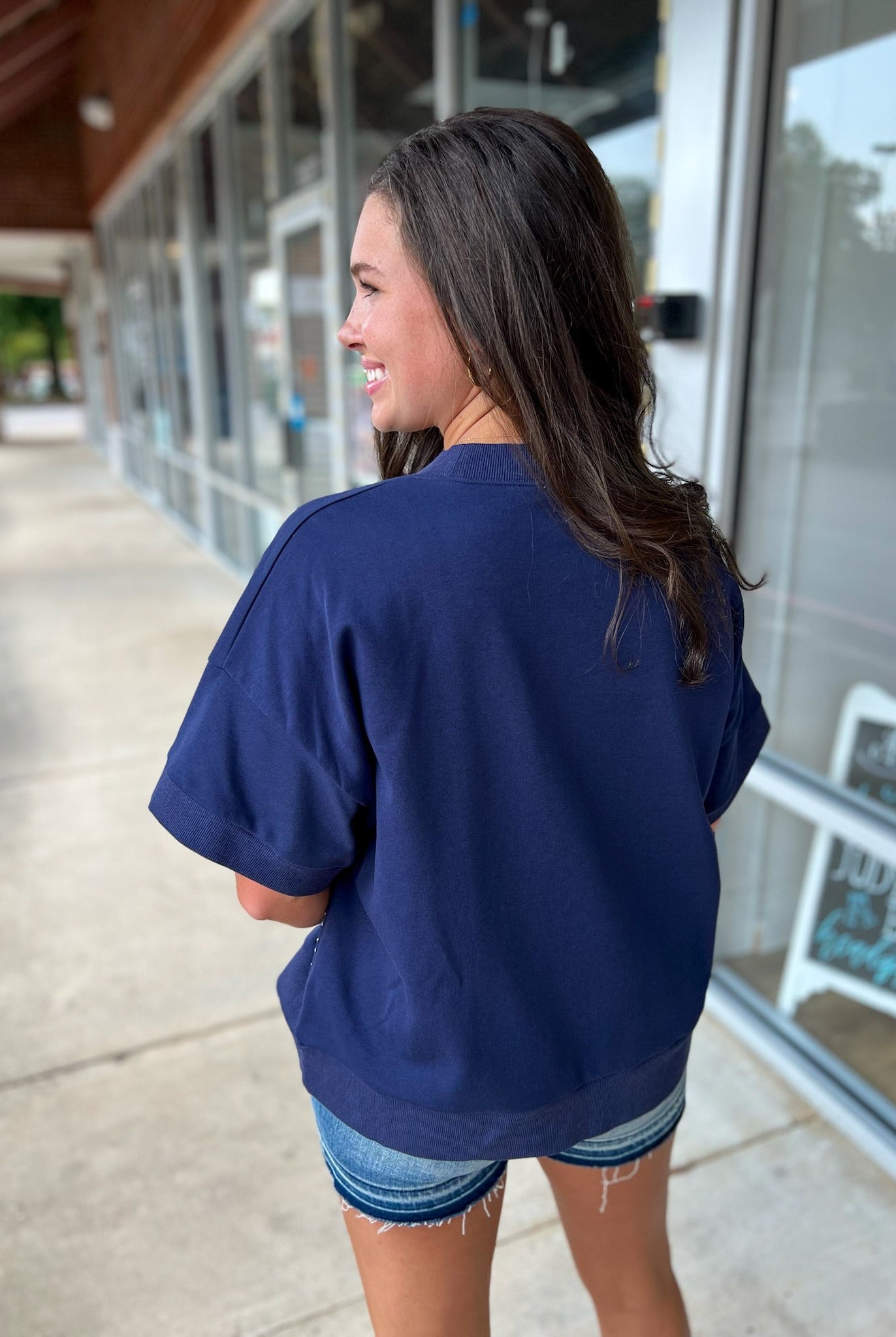 Navy Auburn Short Sleeve Sweatshirt with Relaxed Raglan Sleeves - A'Bekah's Boutique