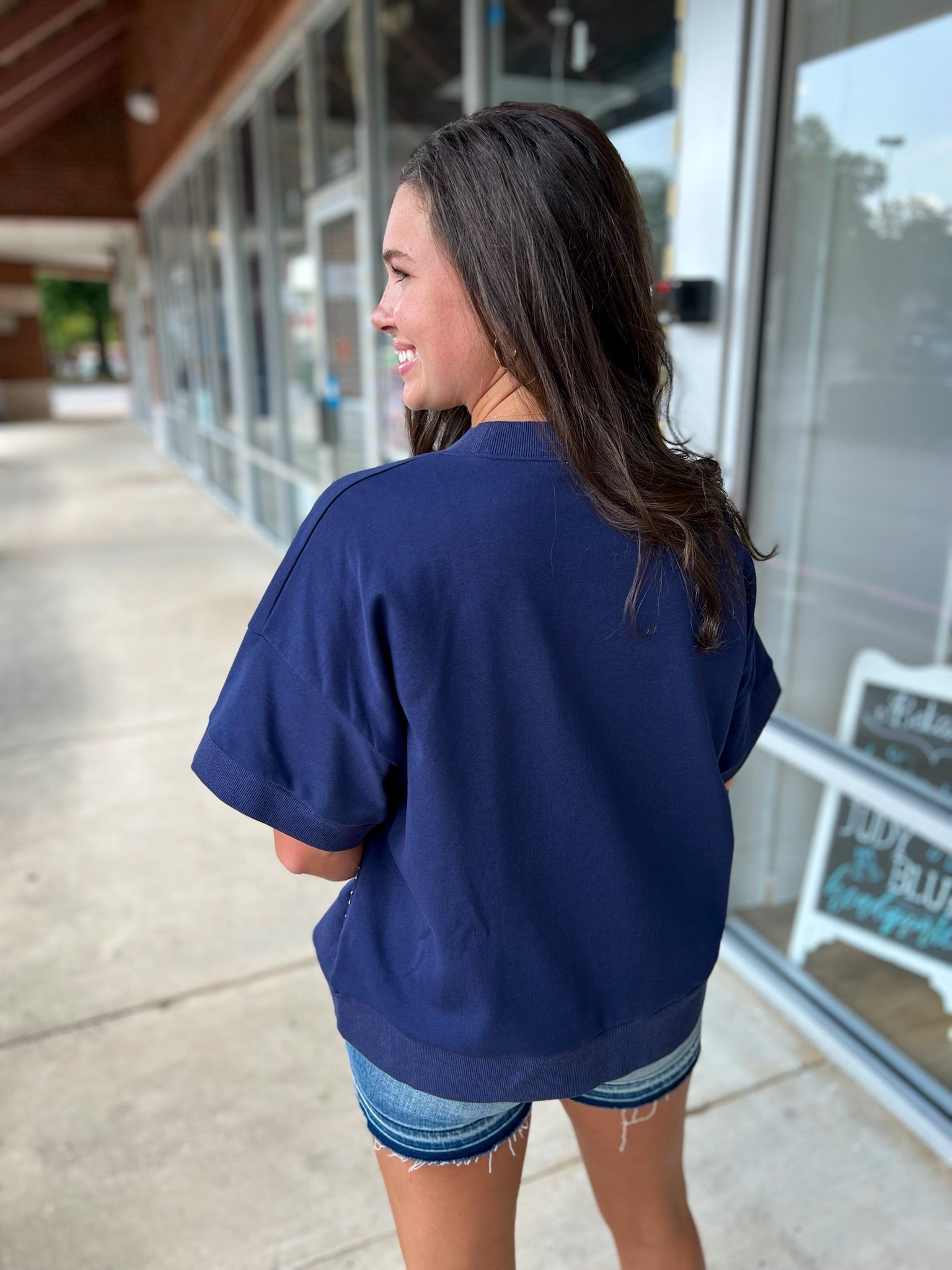 Navy Auburn Short Sleeve Sweatshirt with Relaxed Raglan Sleeves - A'Bekah's Boutique