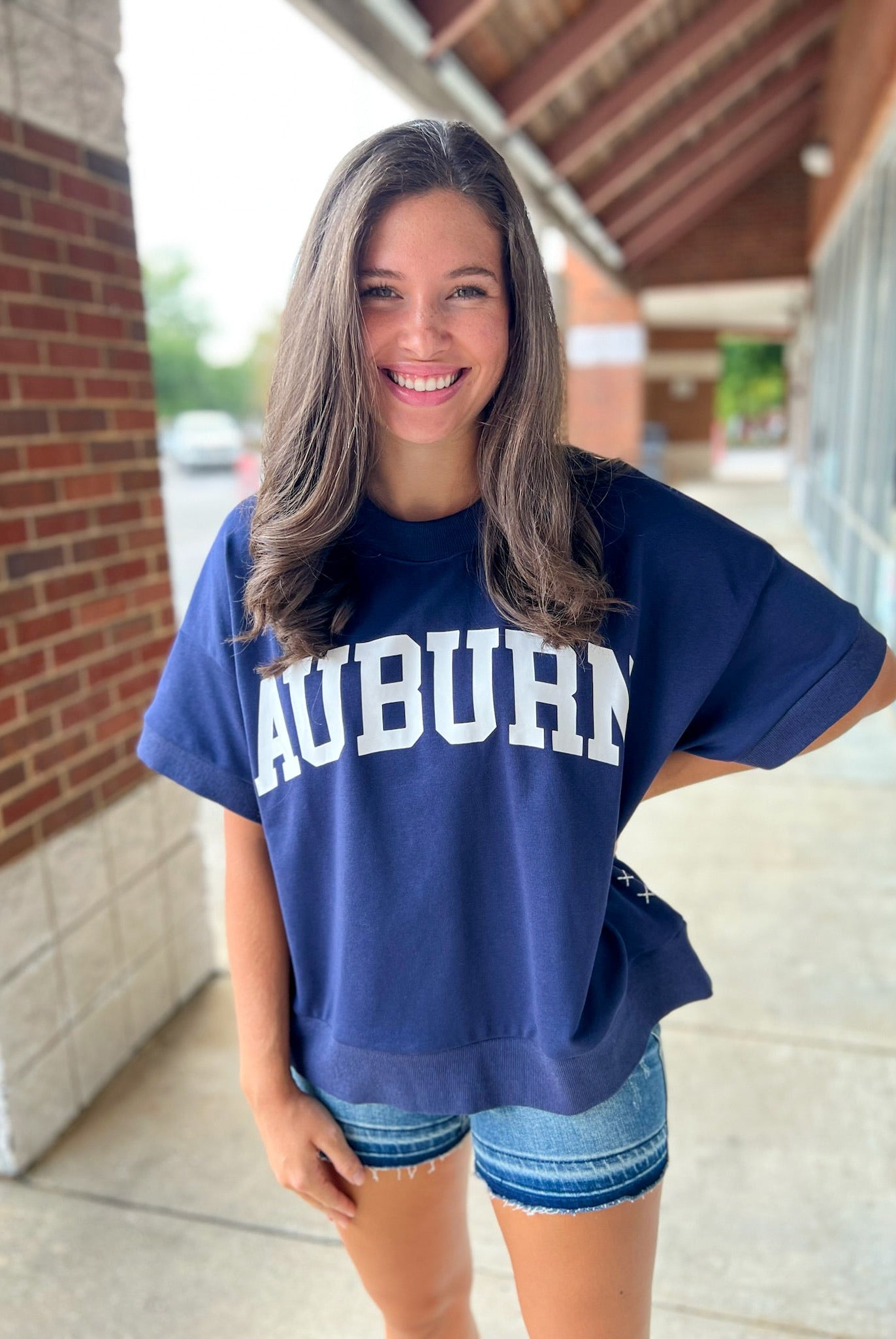 Navy Auburn Short Sleeve Sweatshirt with Relaxed Raglan Sleeves - A'Bekah's Boutique