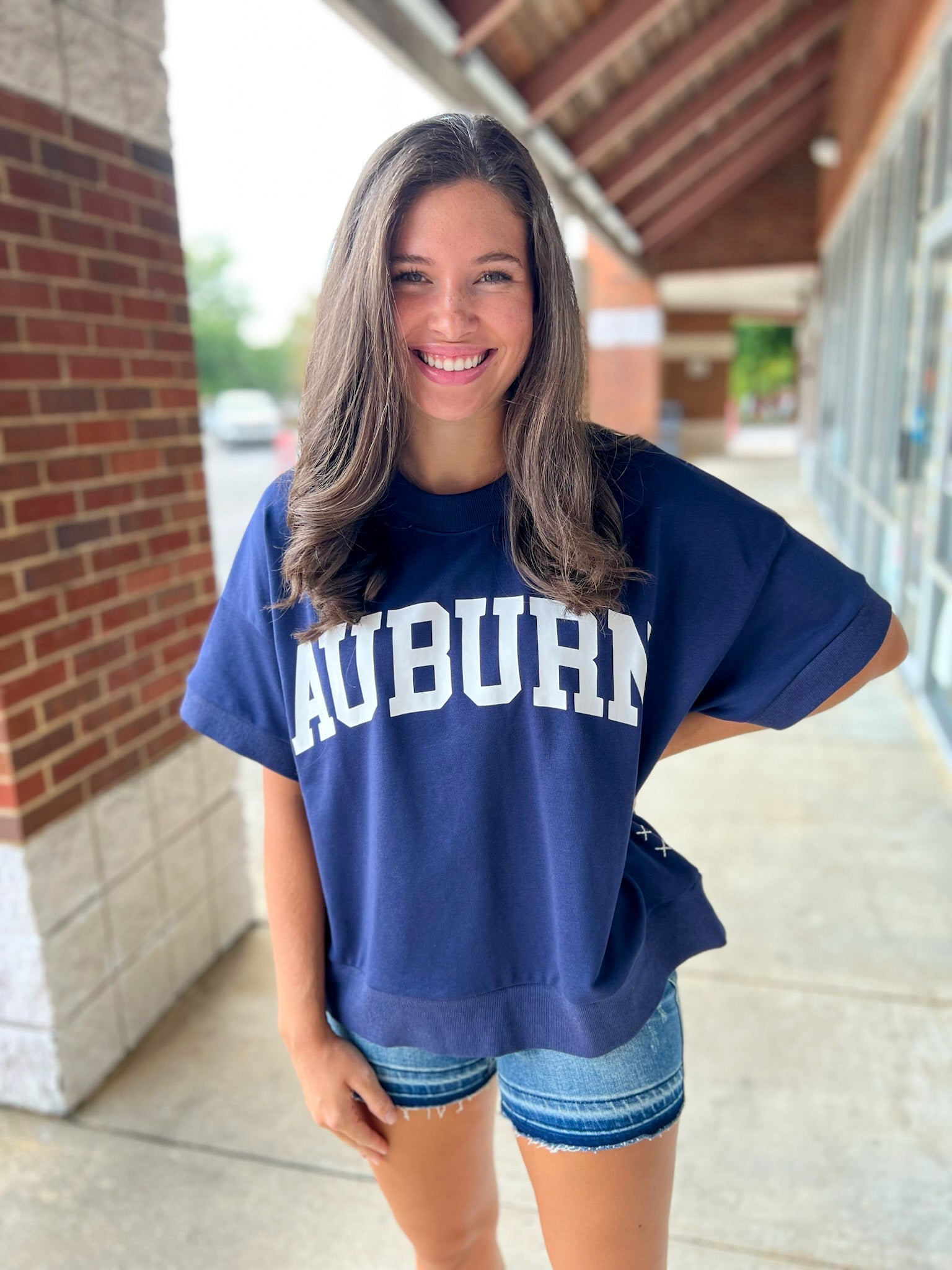 Navy Auburn Short Sleeve Sweatshirt with Relaxed Raglan Sleeves - A'Bekah's Boutique