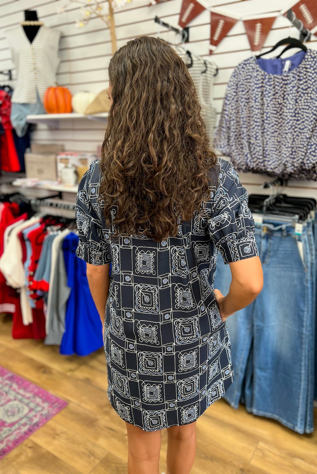 Navy Bandana Print Short Sleeve Dress - A'Bekah's Boutique