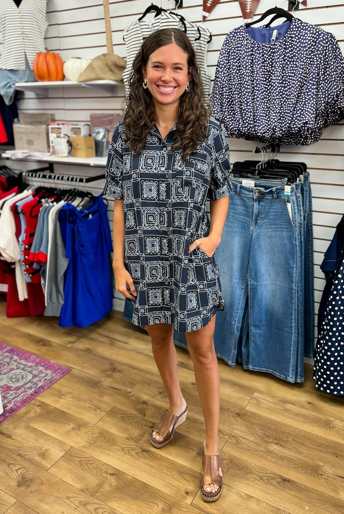 Navy Bandana Print Short Sleeve Dress - A'Bekah's Boutique