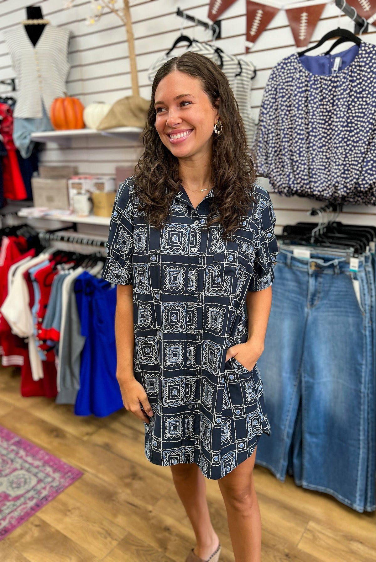 Navy Bandana Print Short Sleeve Dress - A'Bekah's Boutique
