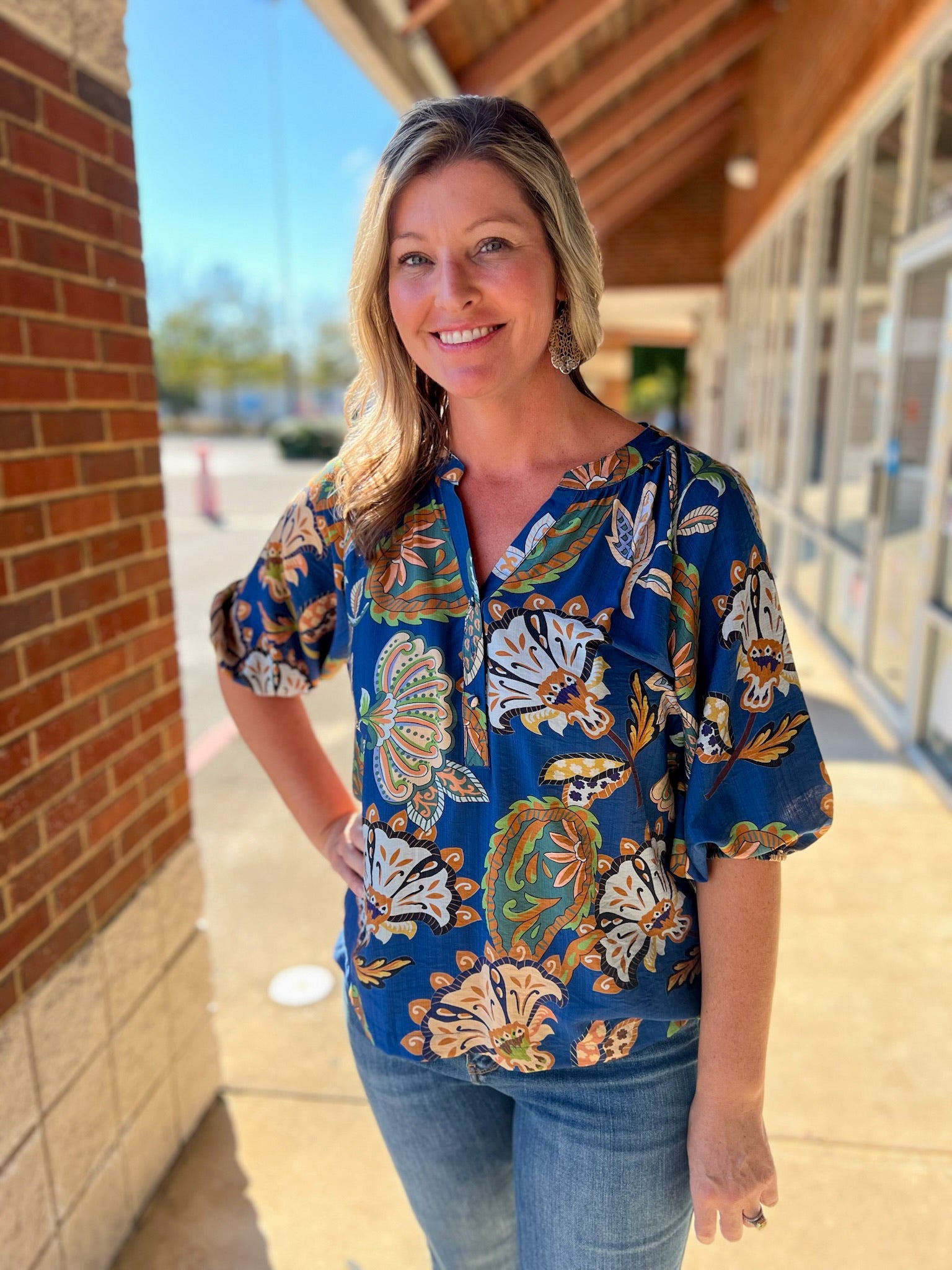 Navy Boho Paisley Print 3/4 Puff Sleeve Top (R) - A'Bekah's Boutique