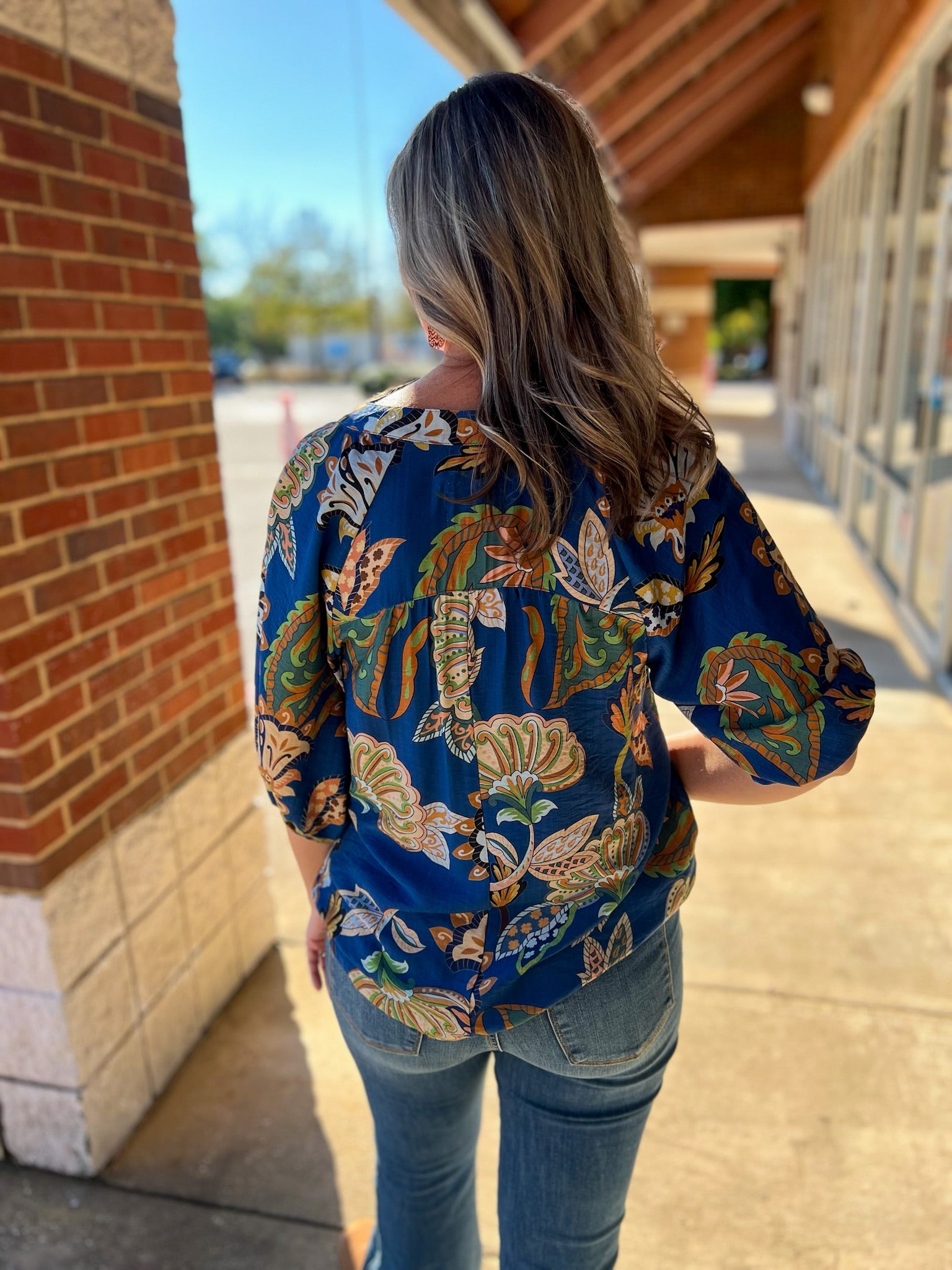 Navy Boho Paisley Print 3/4 Puff Sleeve Top (R) - A'Bekah's Boutique