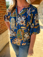 Navy Boho Paisley Print 3/4 Puff Sleeve Top (R) - A'Bekah's Boutique