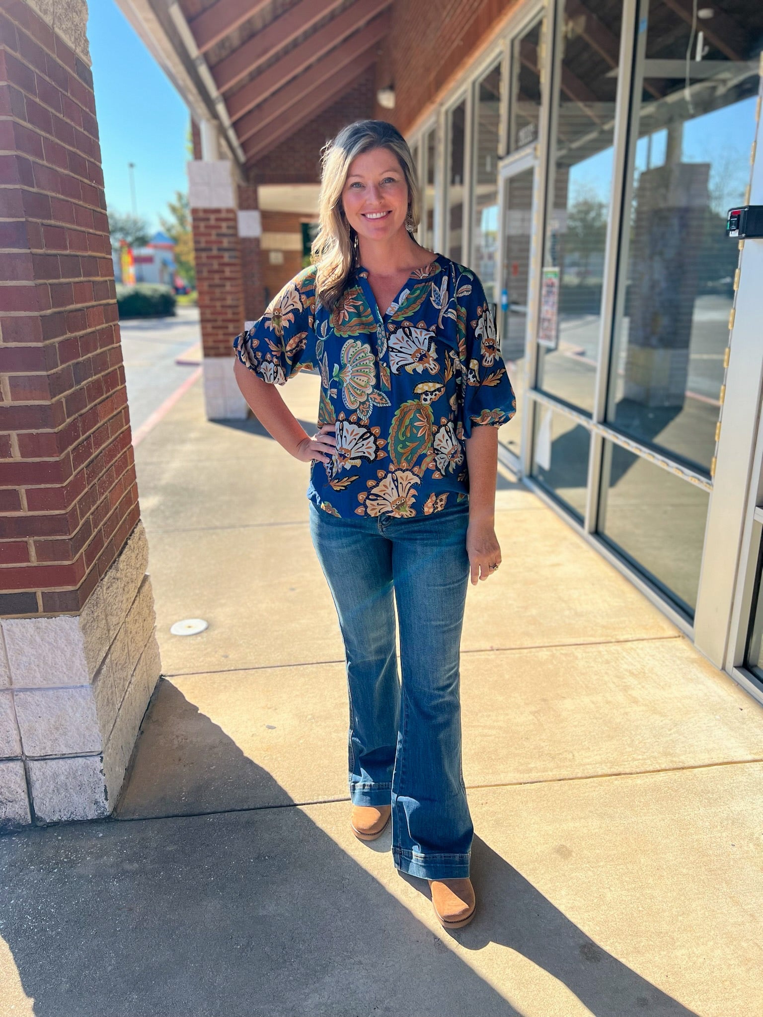Navy Boho Paisley Print 3/4 Puff Sleeve Top (R) - A'Bekah's Boutique