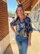 Navy Boho Paisley Print 3/4 Puff Sleeve Top (R) - A'Bekah's Boutique