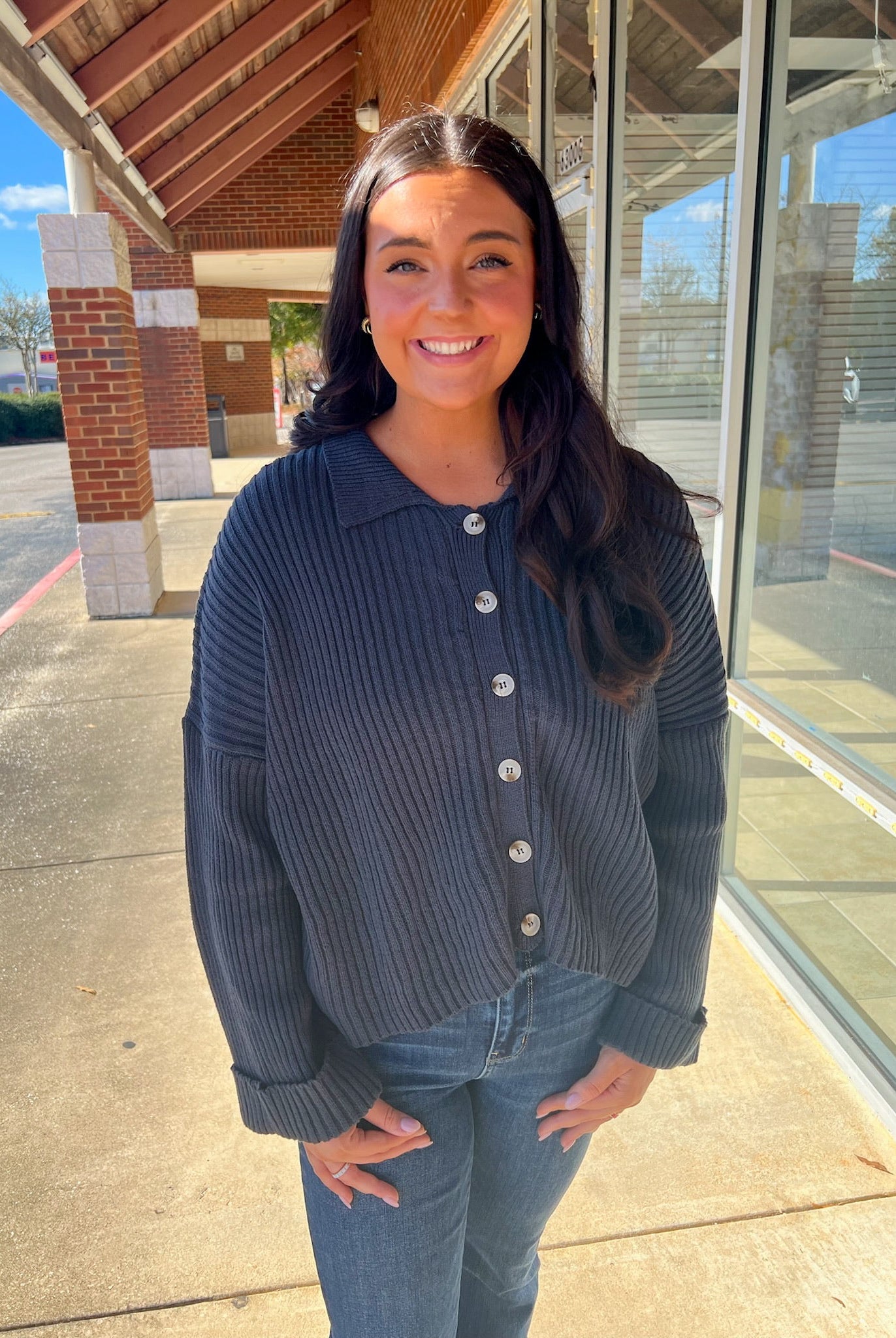 Navy Button Down Long Sleeve Sweater - A'Bekah's Boutique