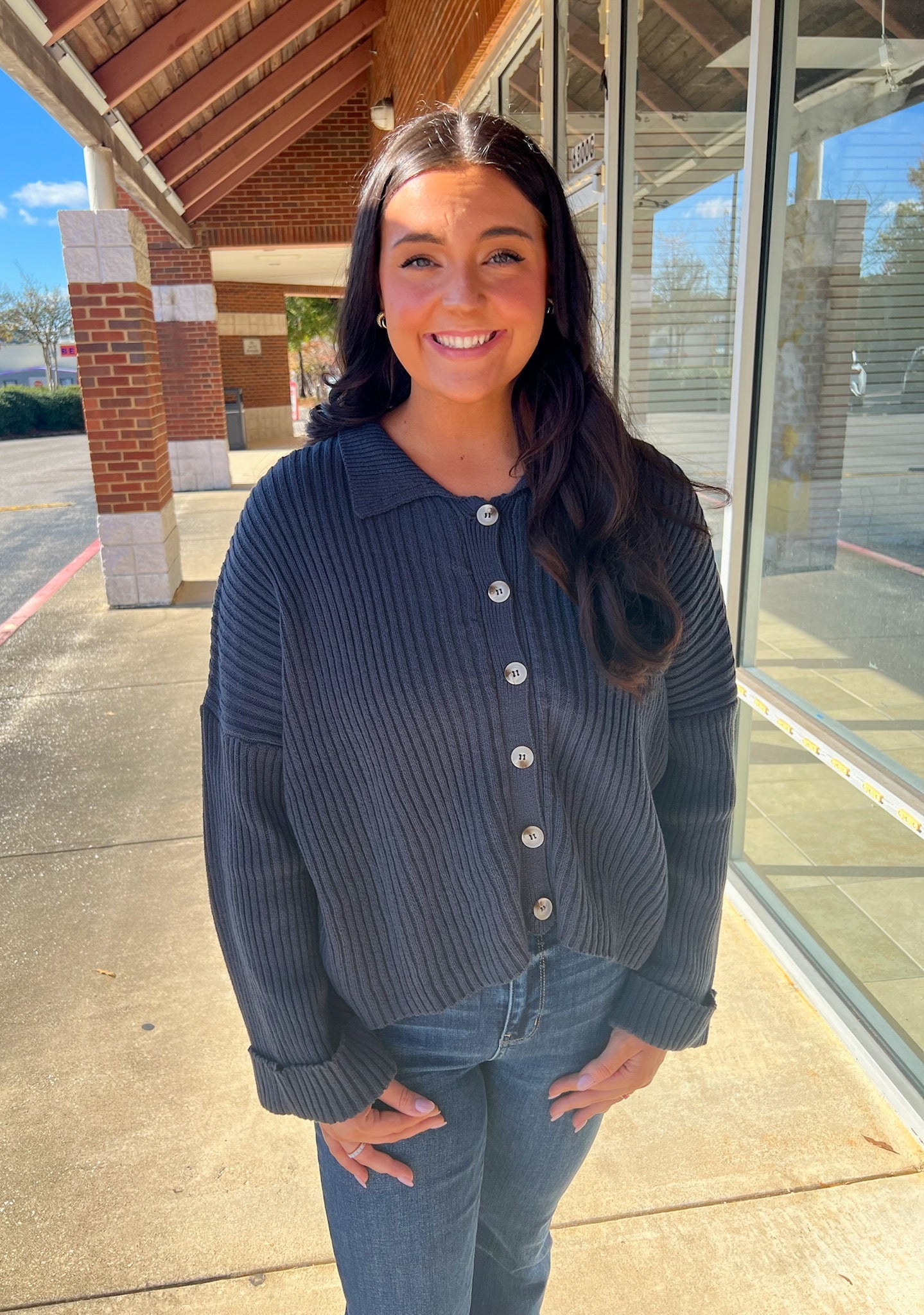 Navy Button Down Long Sleeve Sweater - A'Bekah's Boutique
