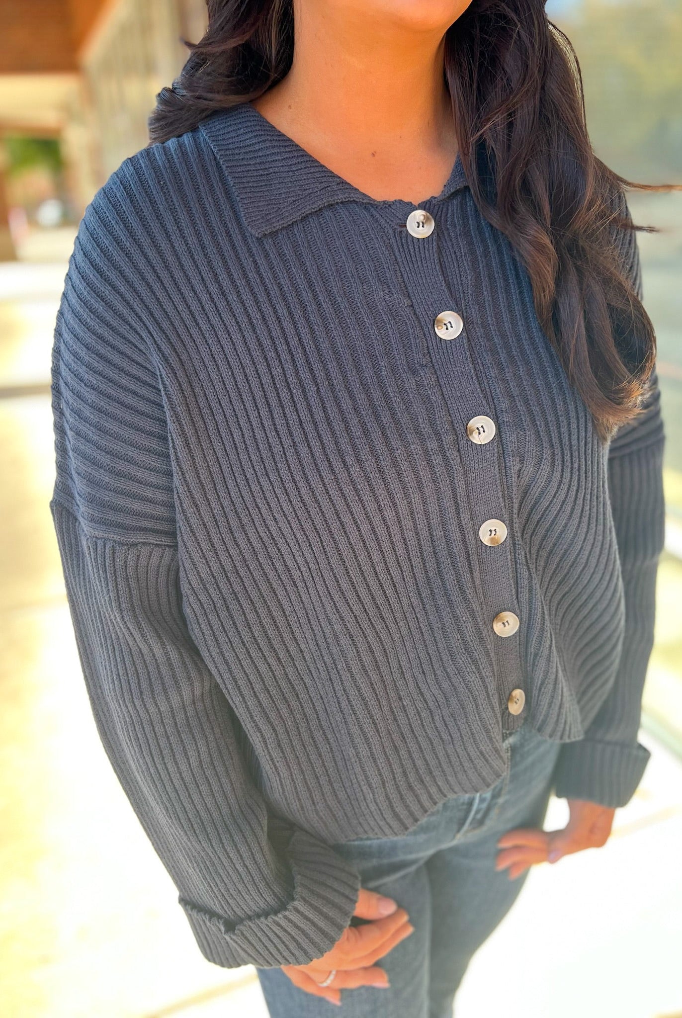 Navy Button Down Long Sleeve Sweater - A'Bekah's Boutique