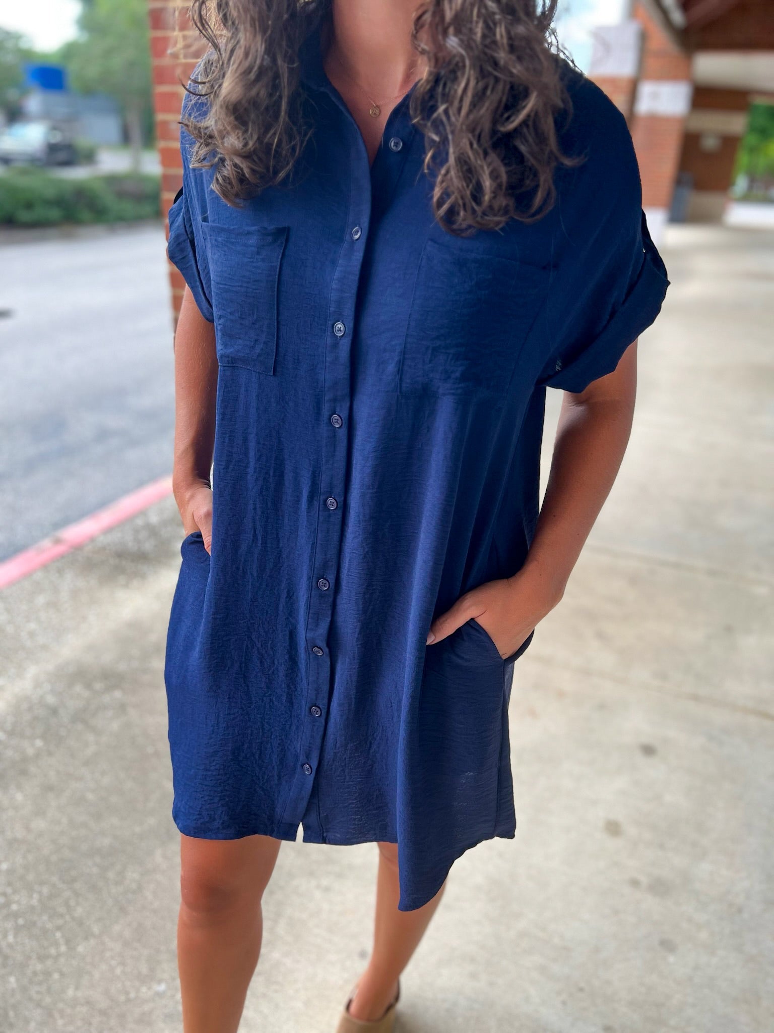Navy Button Down Short Sleeve Shirt Dress - A'Bekah's Boutique