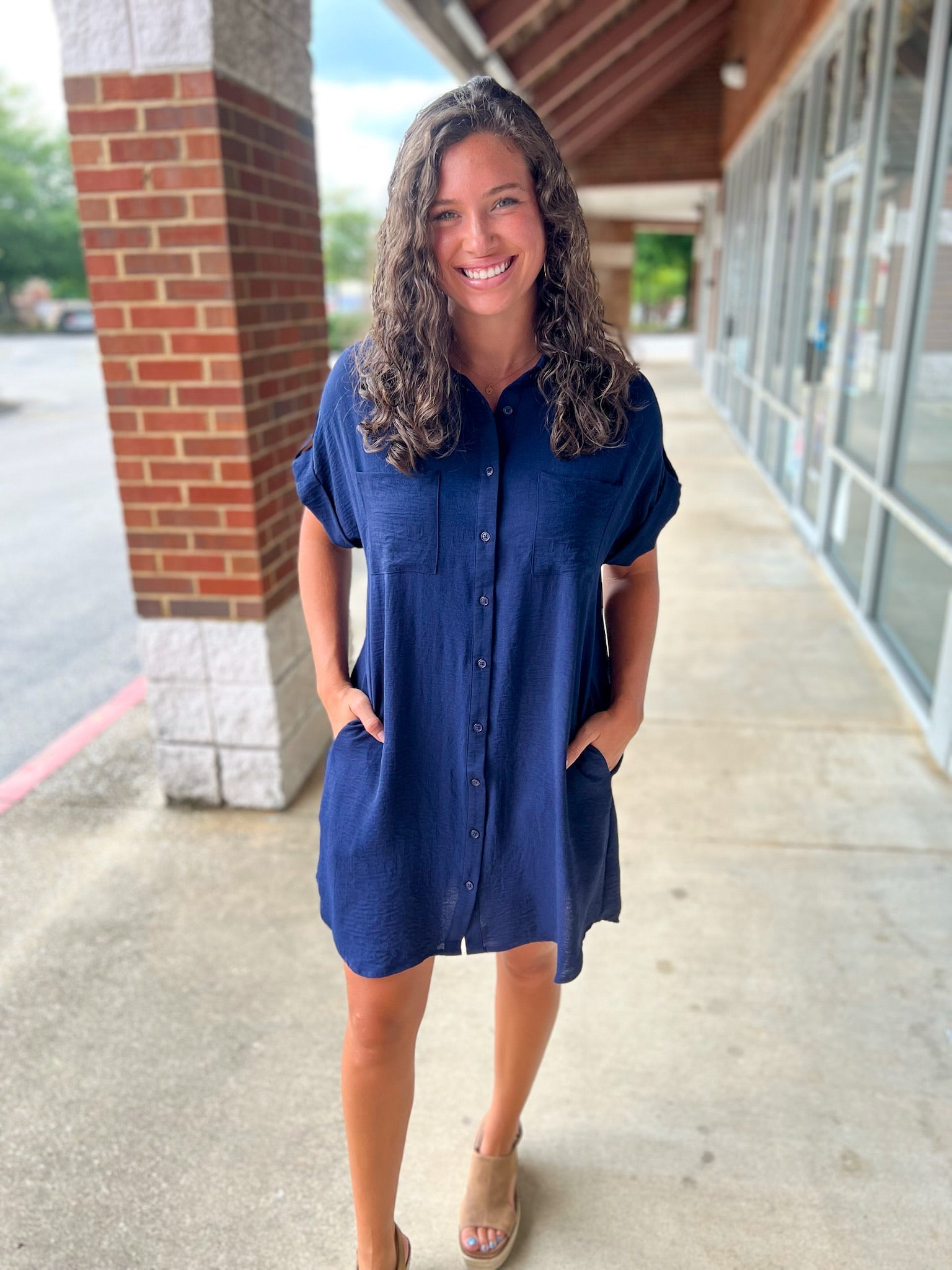 Navy Button Down Short Sleeve Shirt Dress - A'Bekah's Boutique