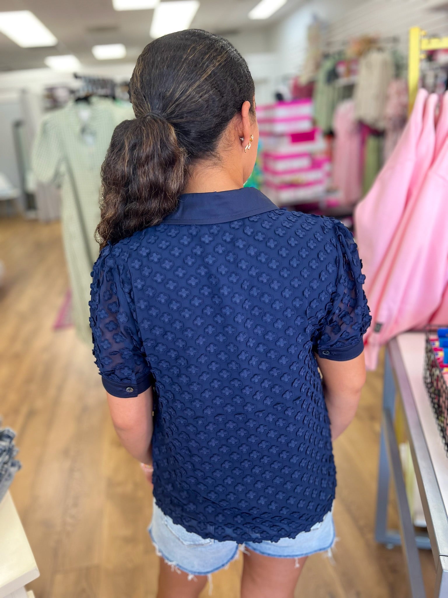 Navy Button Down Top with 3D Appliques - A'Bekah's Boutique