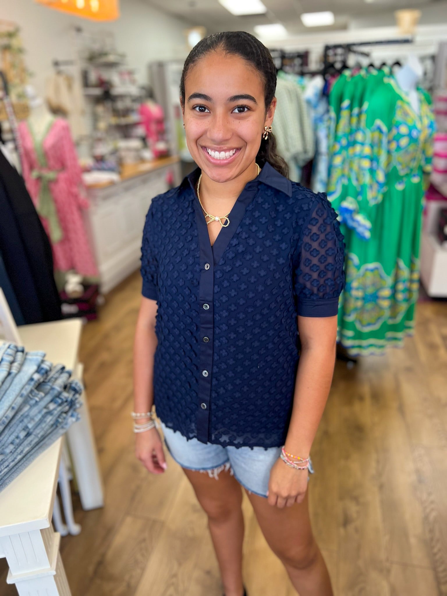 Navy Button Down Top with 3D Appliques - A'Bekah's Boutique