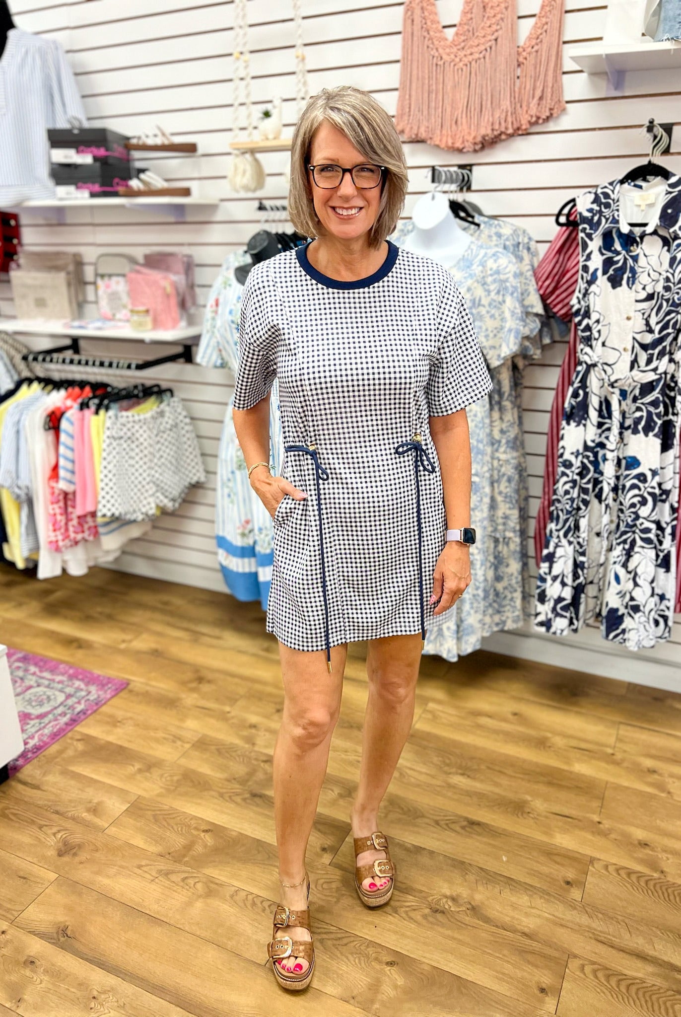 Navy Check Print Drawstring Dress with Pockets - A'Bekah's Boutique