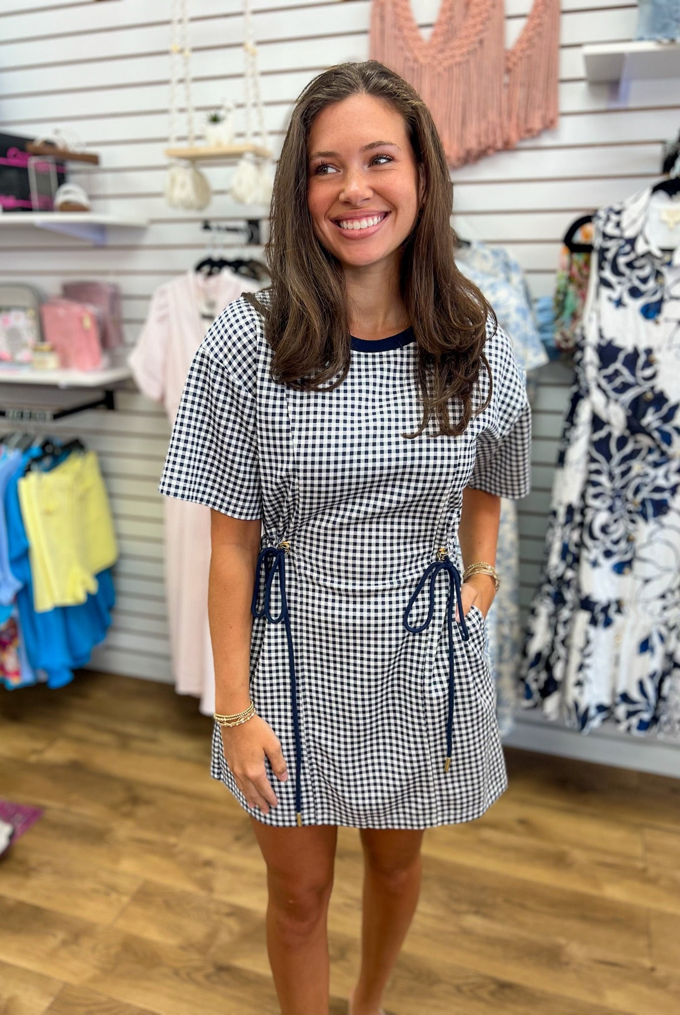 Navy Check Print Drawstring Dress with Pockets - A'Bekah's Boutique