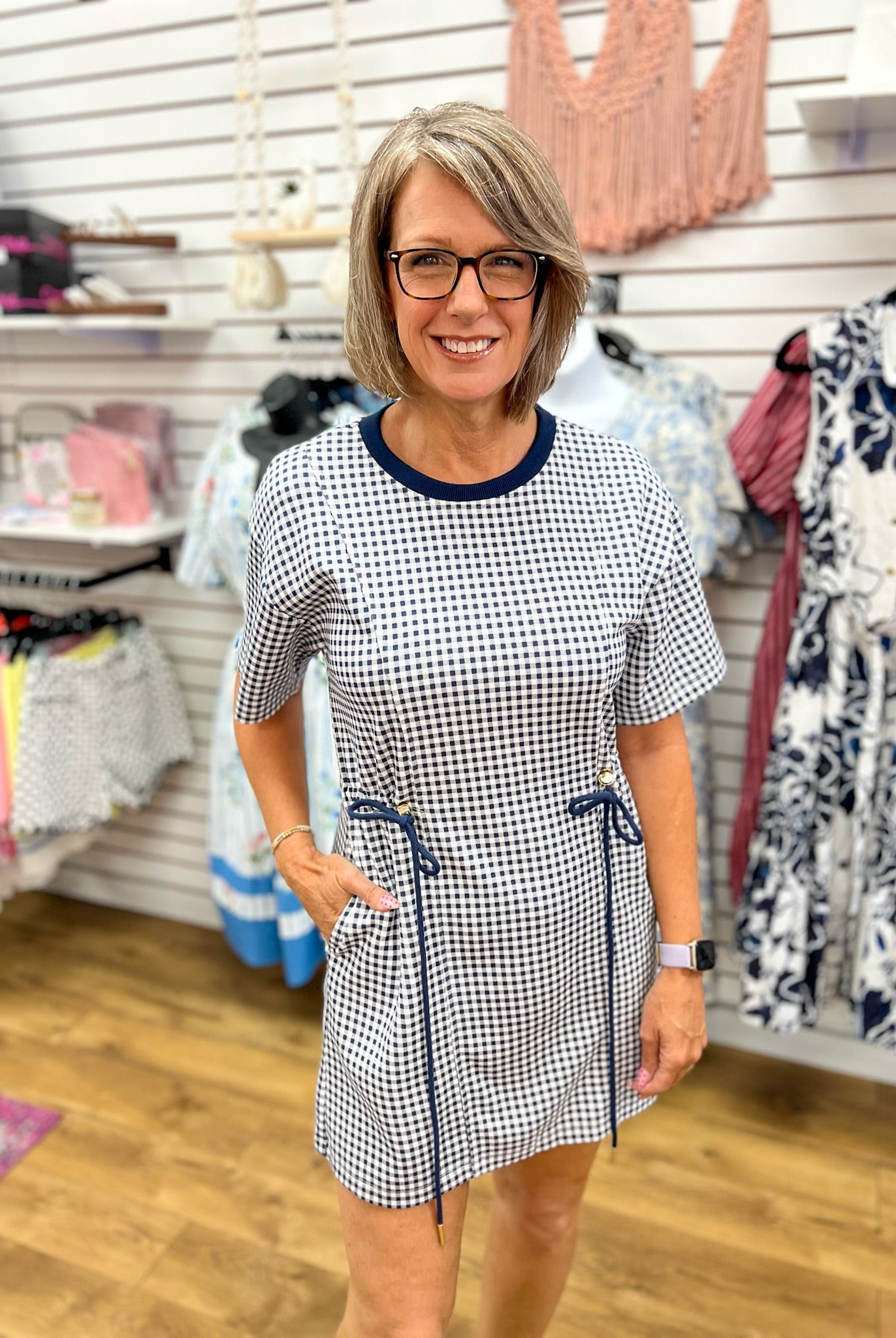 Navy Check Print Drawstring Dress with Pockets - A'Bekah's Boutique