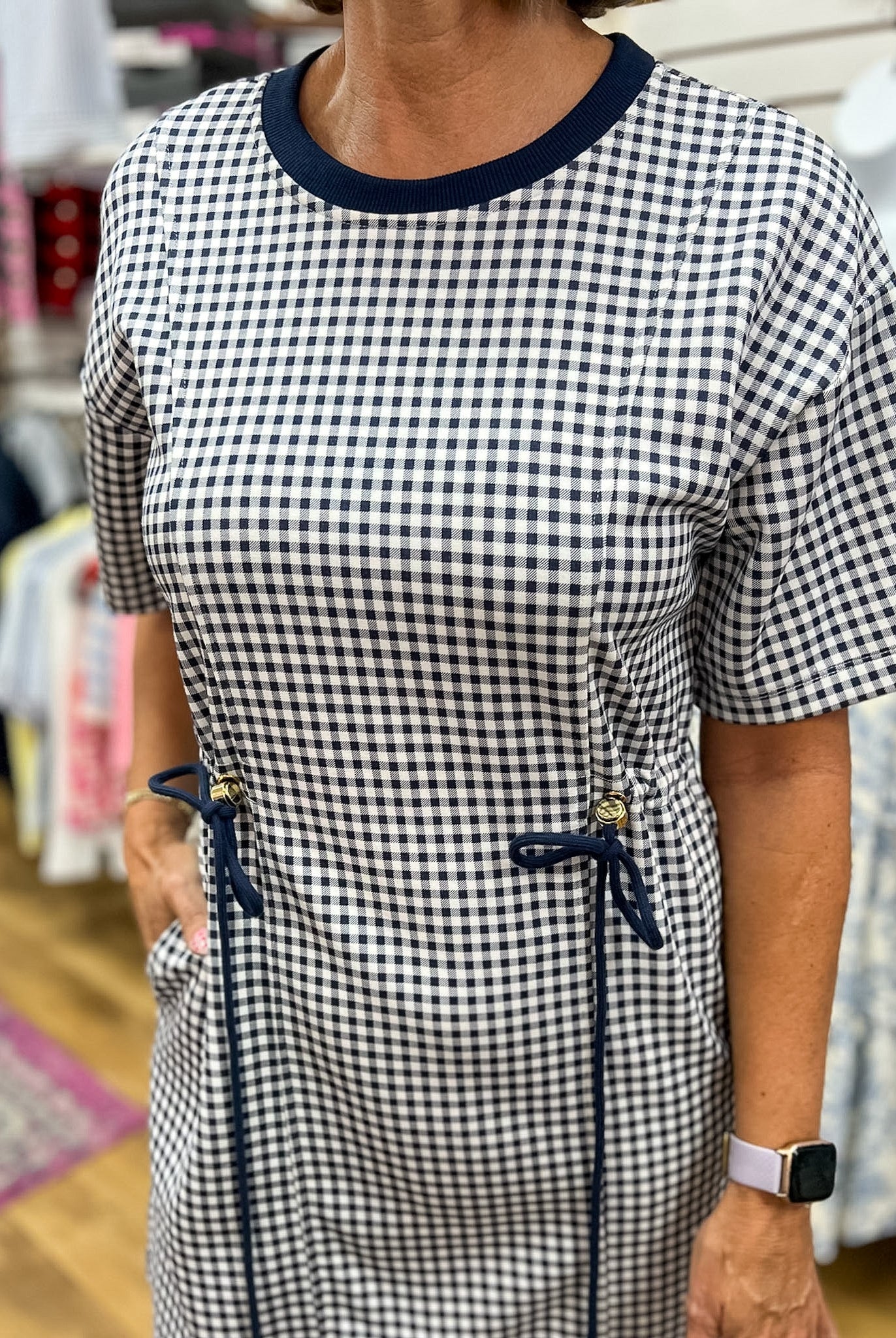Navy Check Print Drawstring Dress with Pockets - A'Bekah's Boutique