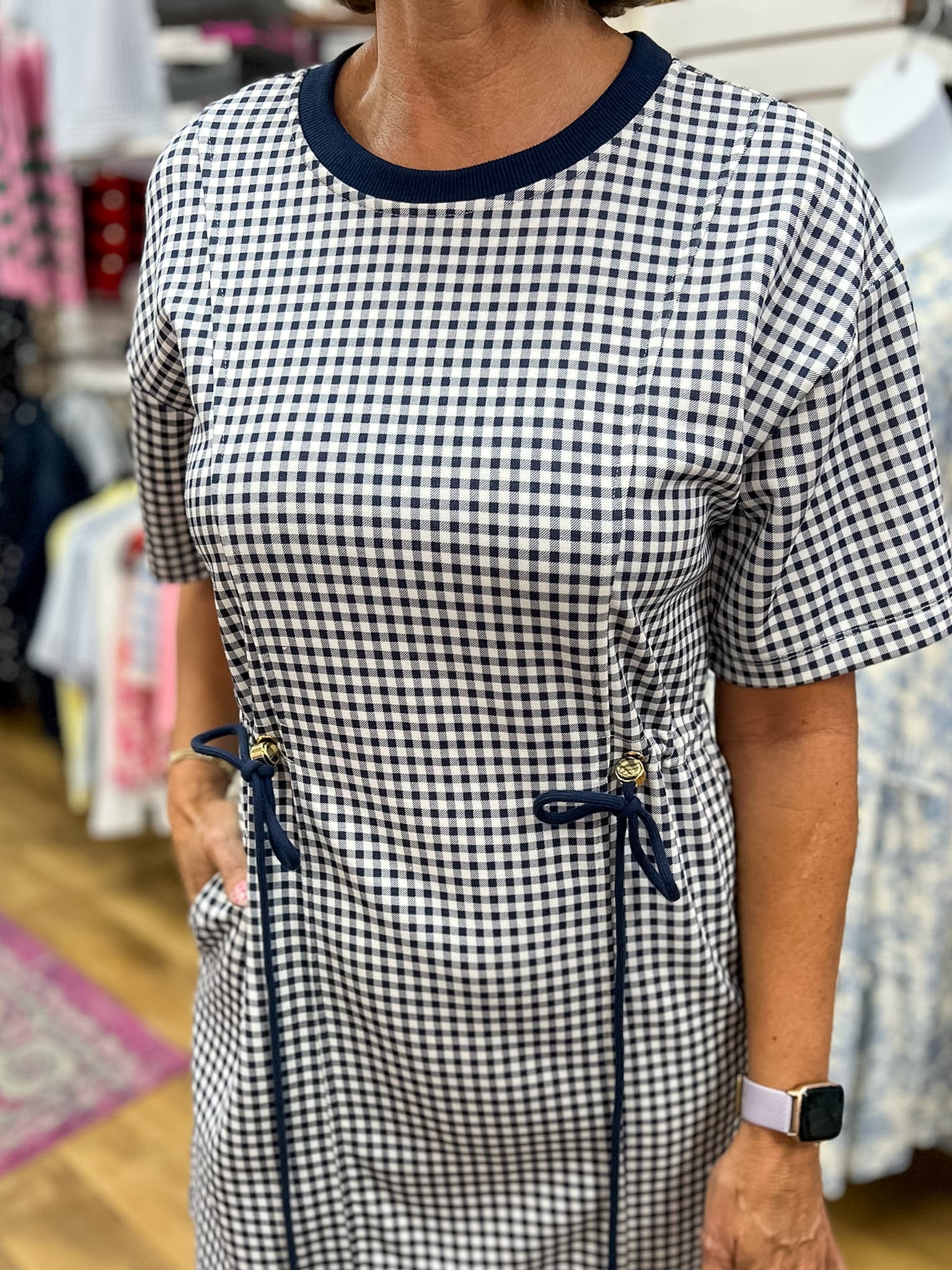Navy Check Print Drawstring Dress with Pockets - A'Bekah's Boutique