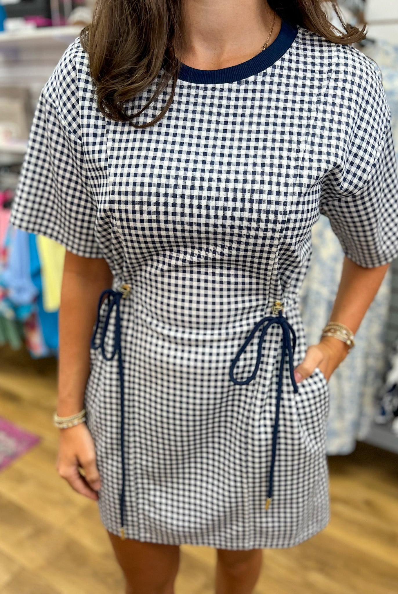 Navy Check Print Drawstring Dress with Pockets - A'Bekah's Boutique